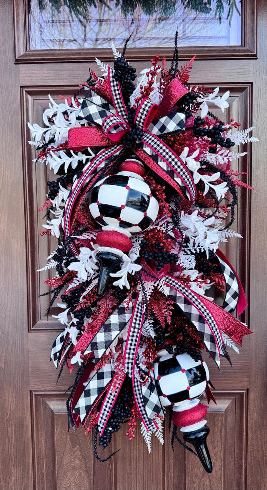 Glam Valentine’s Day Swag Wreath, Red Black & White Finial Ornament Door Decor, Romantic Statement Swag