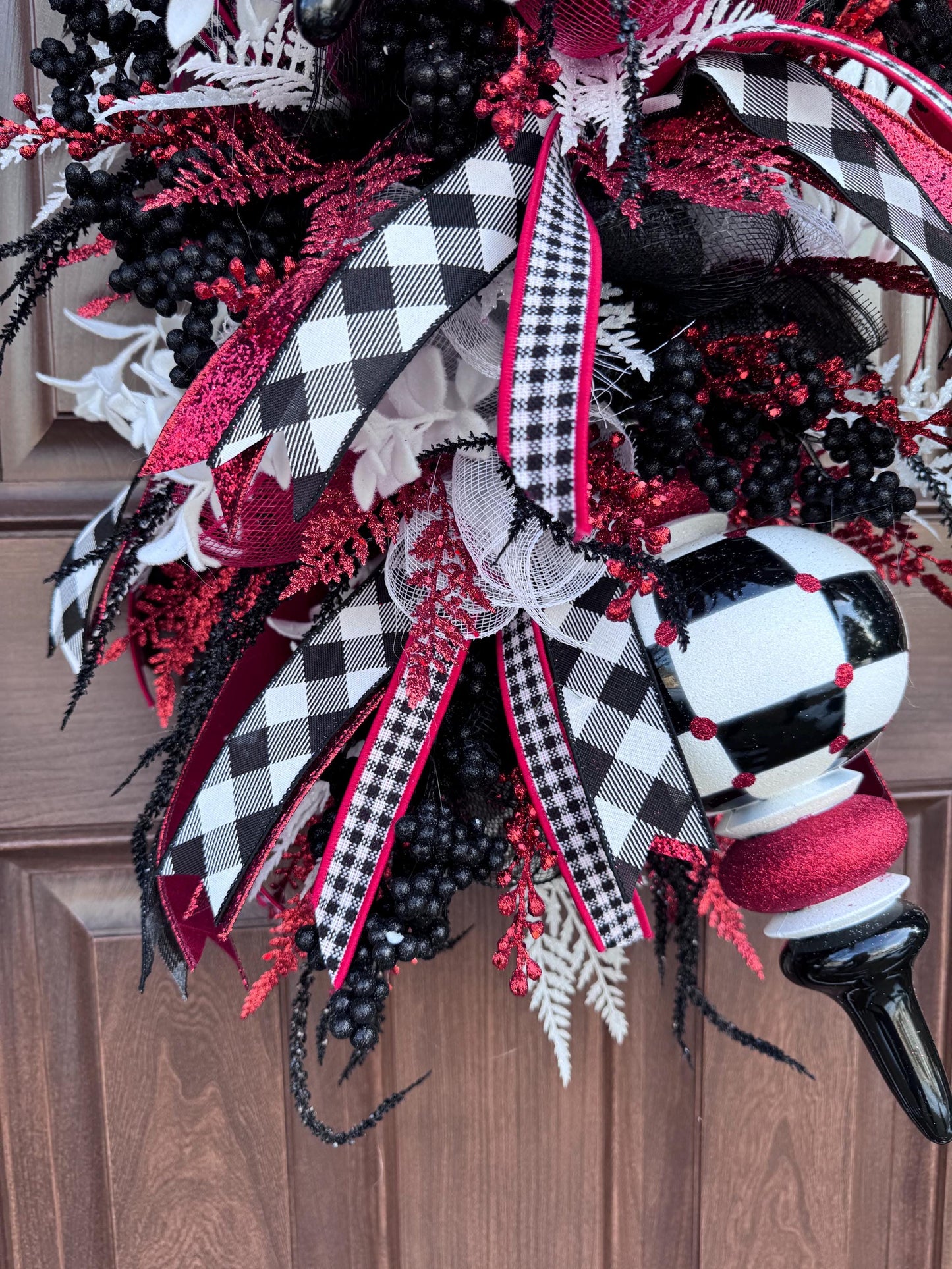 Glam Valentine’s Day Swag Wreath, Red Black & White Finial Ornament Door Decor, Romantic Statement Swag