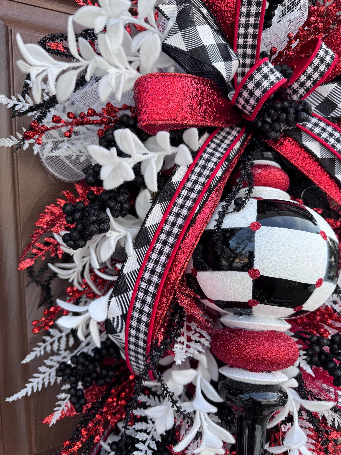 Glam Valentine’s Day Swag Wreath, Red Black & White Finial Ornament Door Decor, Romantic Statement Swag
