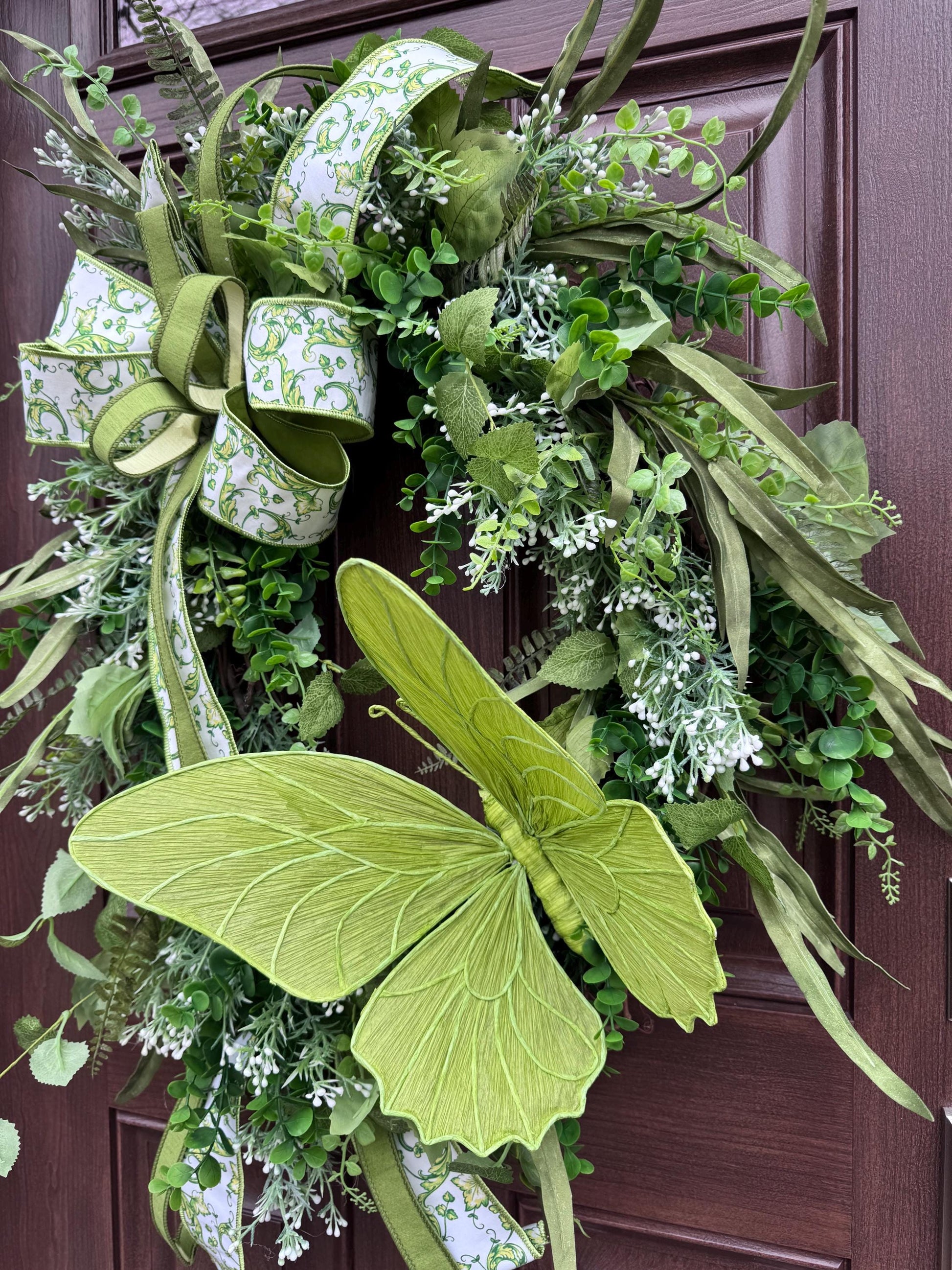 XL Chinoiserie Butterfly Grapevine Wreath, Green Spring Door Wreath, Everyday Door Hanger for Outdoor Porch, Gift for her Mom