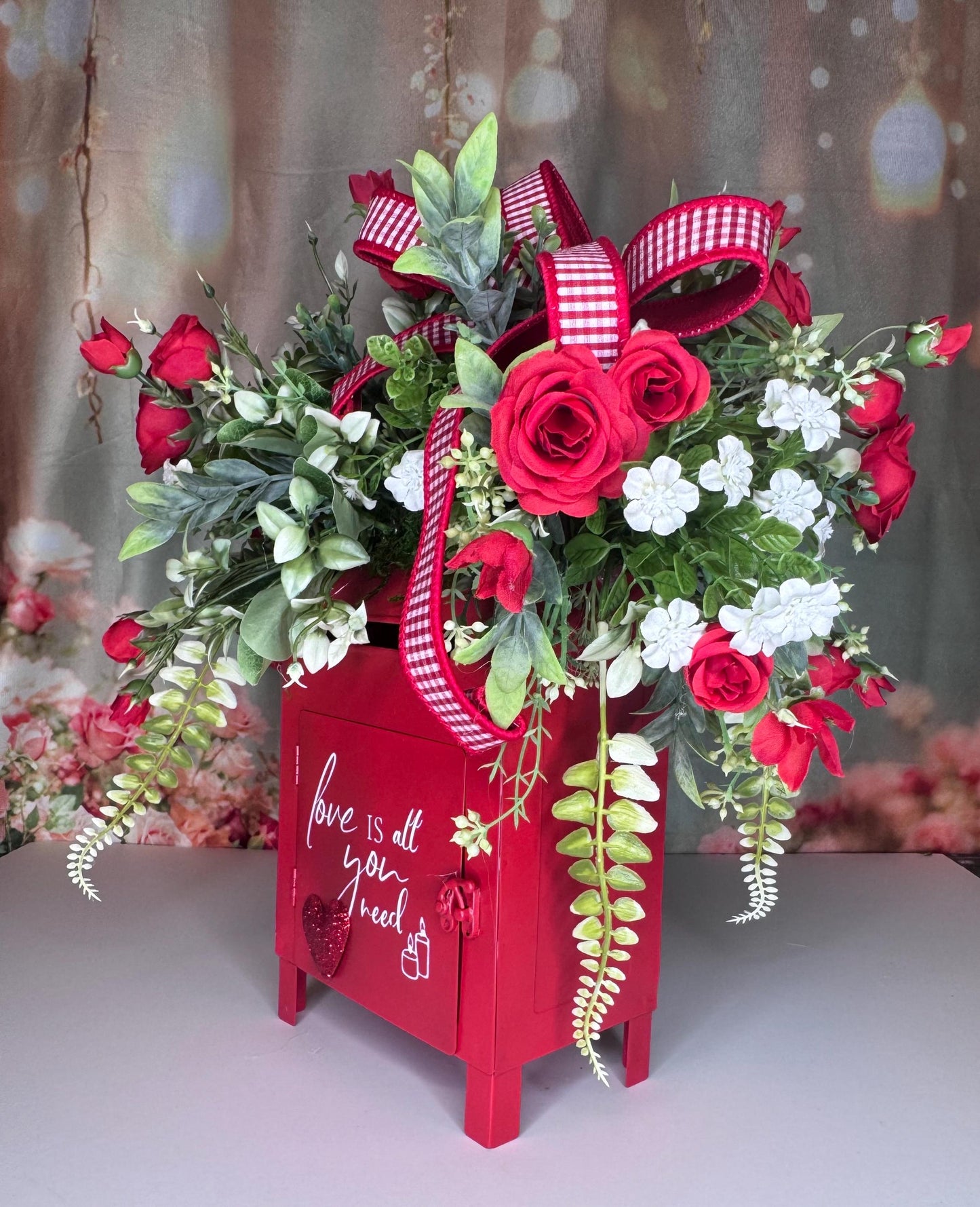 Romantic Valentine’s Floral Arrangement | Red Mailbox Valentine Decor | Handmade Home Decor