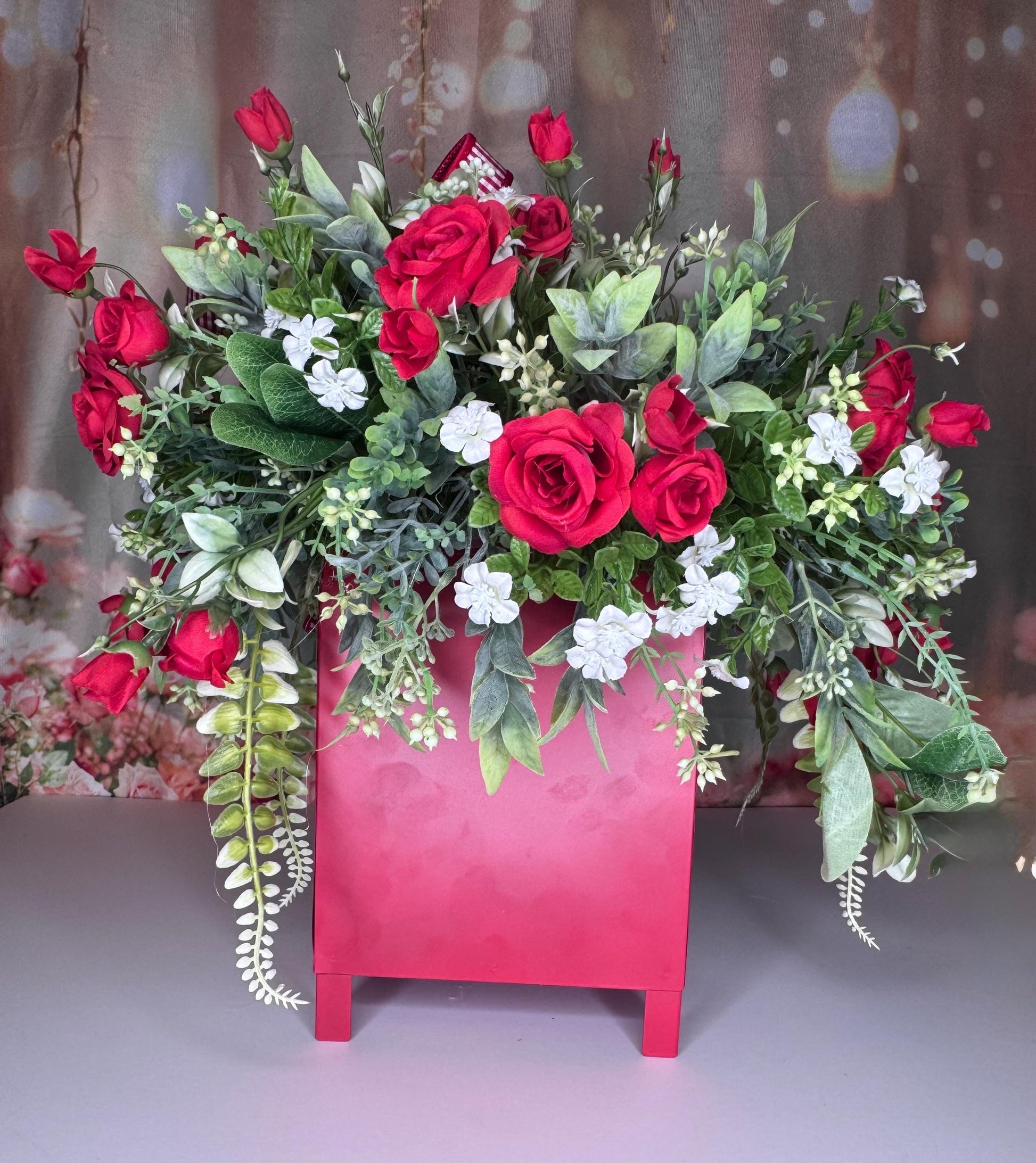 Romantic Valentine’s Floral Arrangement | Red Mailbox Valentine Decor | Handmade Home Decor