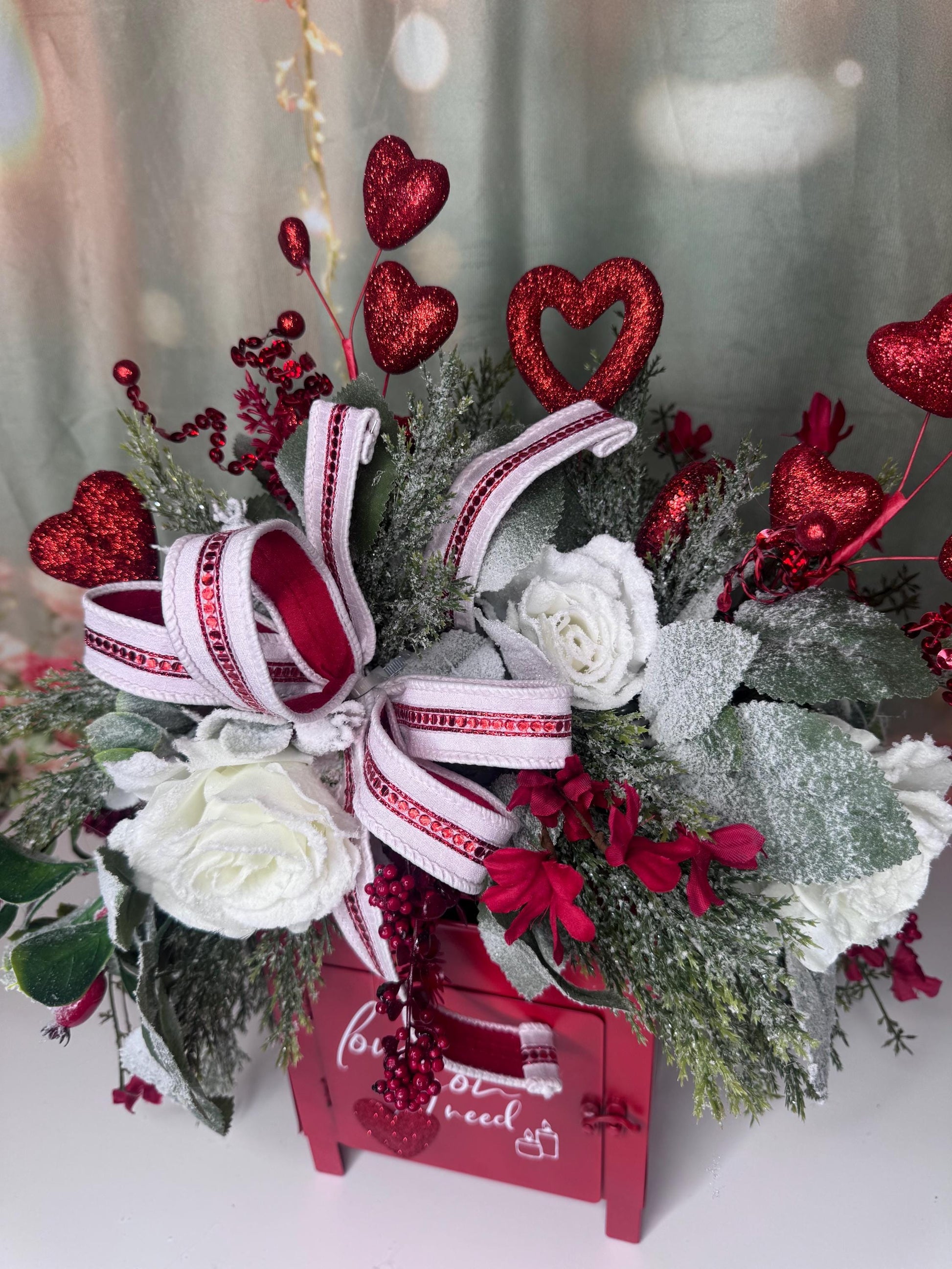 Valentine’s Red Mailbox Floral Arrangement | Love Is All You Need Decor | Romantic Valentine Centerpiece | Handmade Home Decor