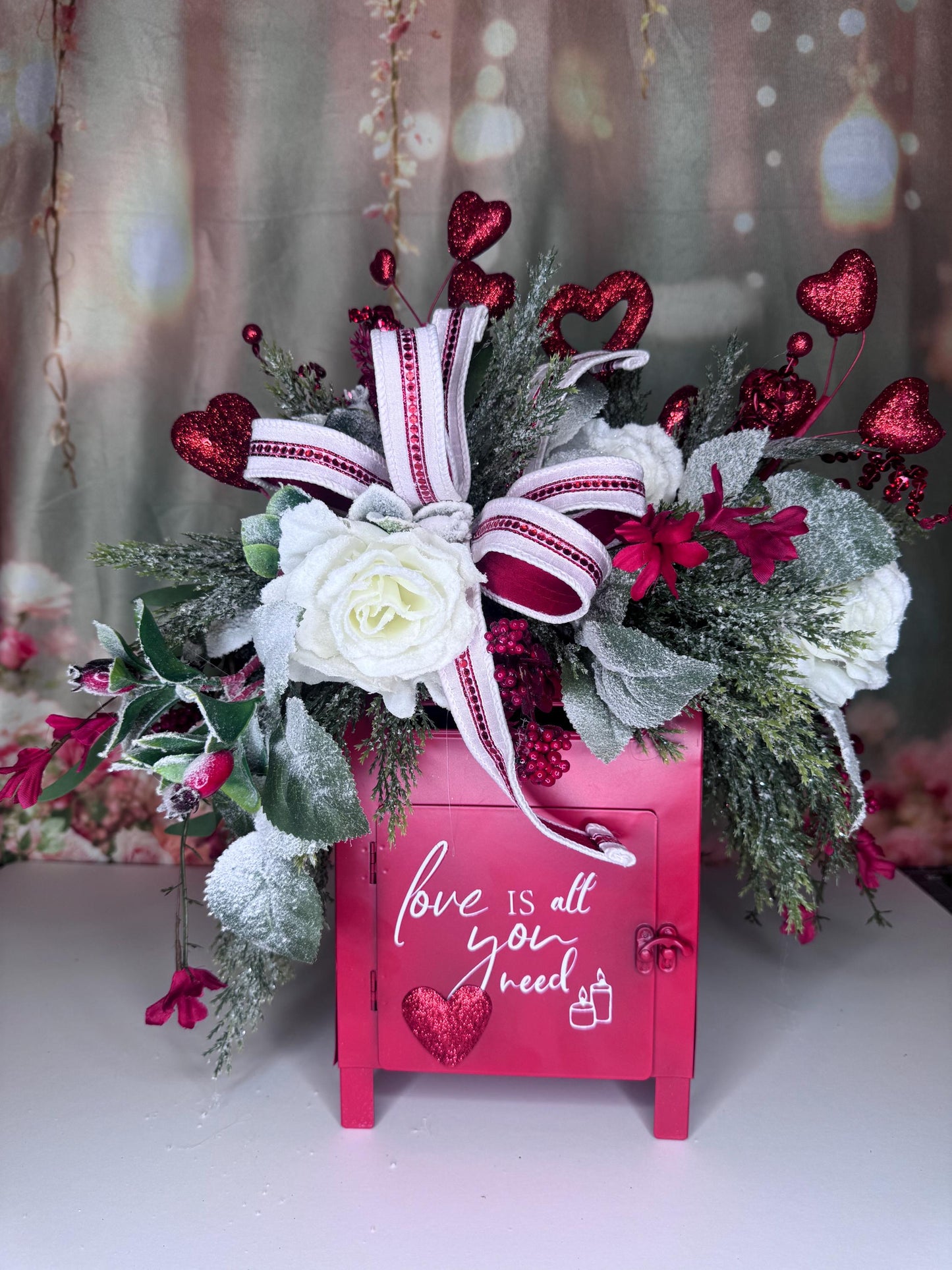 Valentine’s Red Mailbox Floral Arrangement | Love Is All You Need Decor | Romantic Valentine Centerpiece | Handmade Home Decor