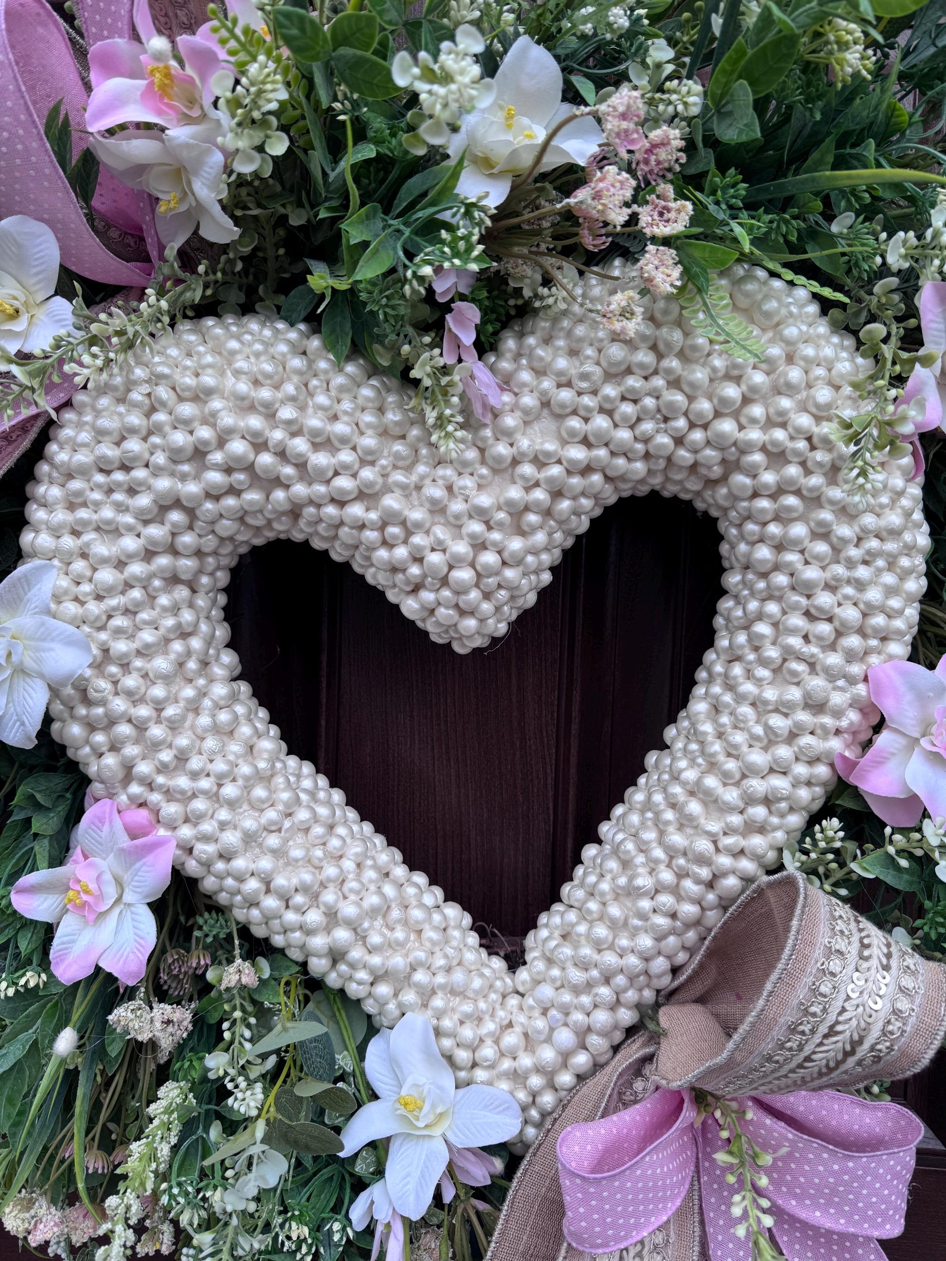 Heart Shaped Pearl Wreath with Pink Flowers, Spring Front Door Decor, Romantic Valentine Wreath, Blush Floral Wreath for Wedding