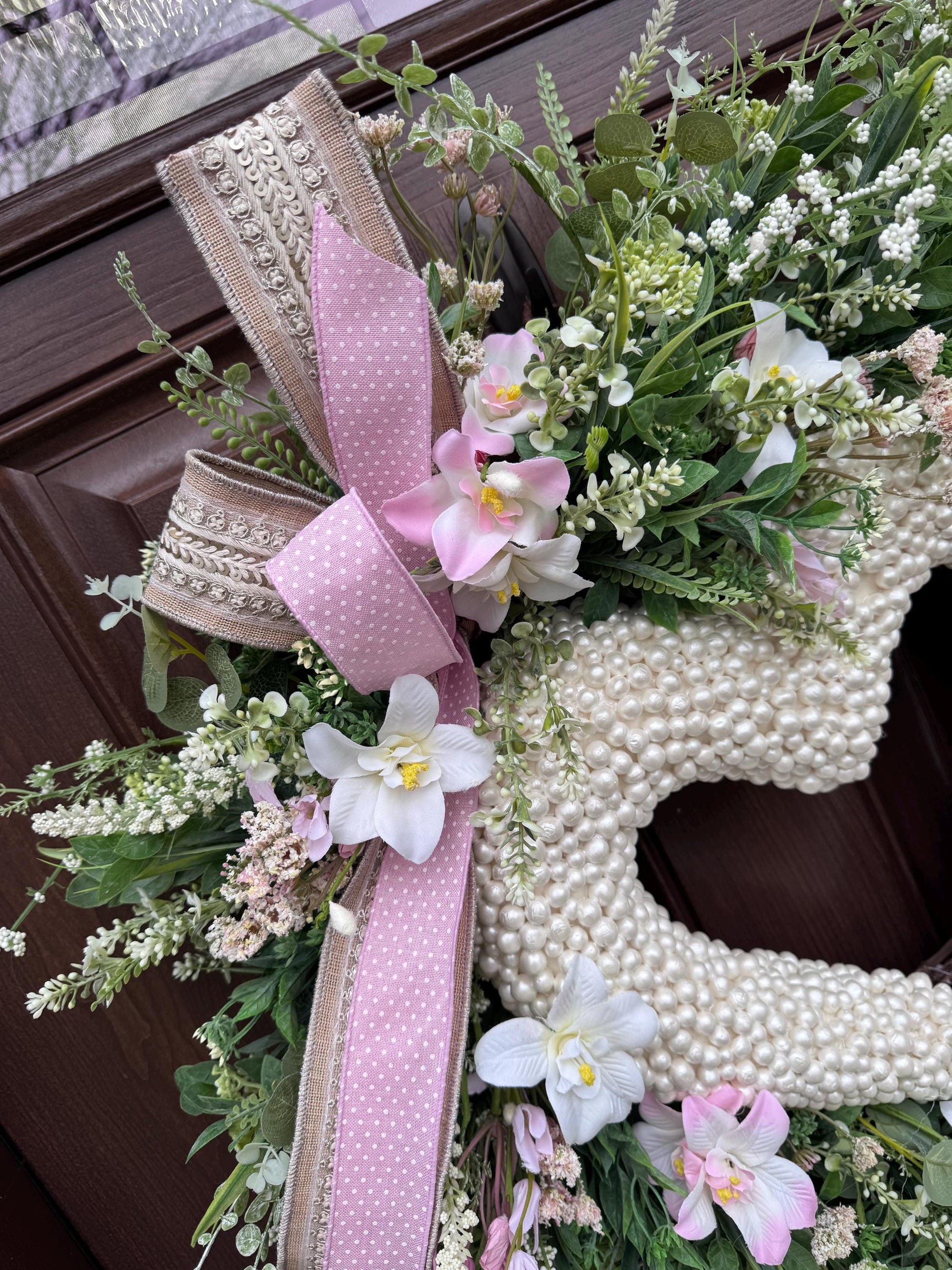 Heart Shaped Pearl Wreath with Pink Flowers, Spring Front Door Decor, Romantic Valentine Wreath, Blush Floral Wreath for Wedding