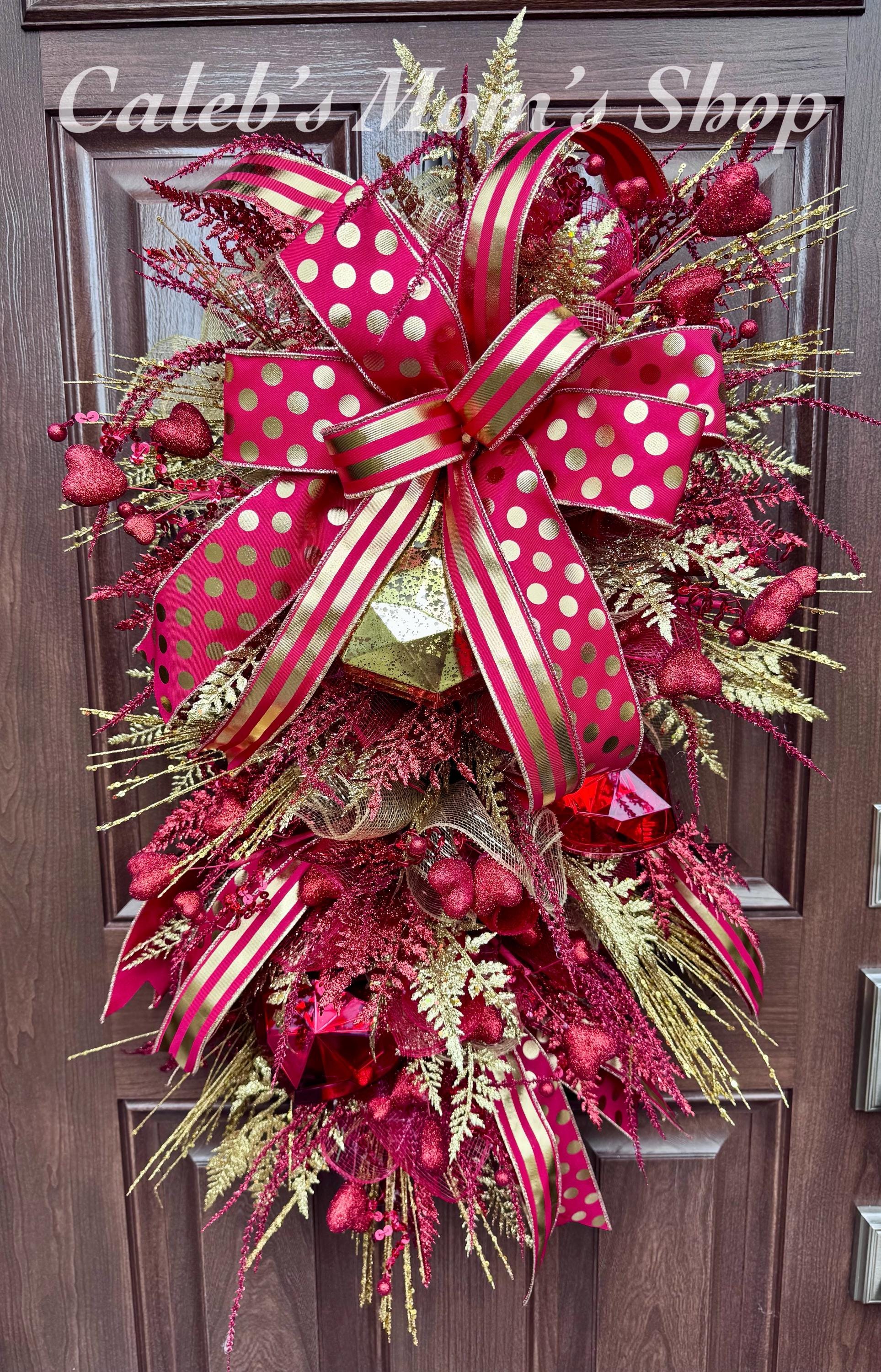 Red & Gold Valentine Door Swag | Elegant Heart Front Door Decor | Romantic Winter to Valentine Wreath Alternative