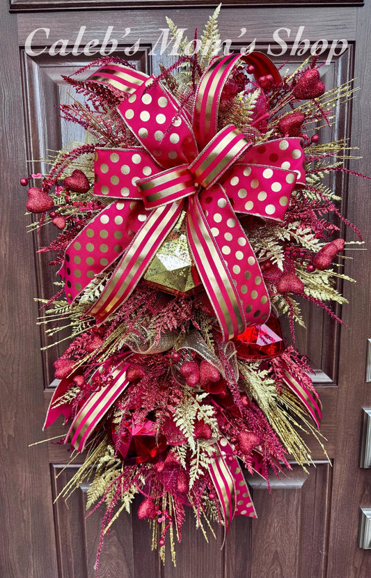Red & Gold Valentine Door Swag | Elegant Heart Front Door Decor | Romantic Winter to Valentine Wreath Alternative