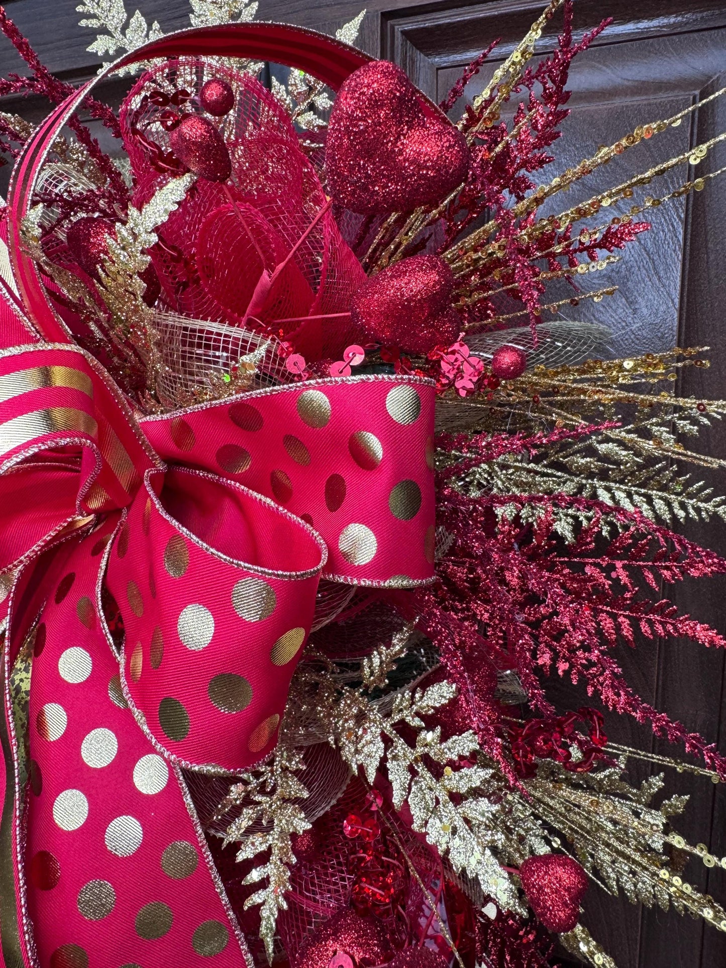 Red & Gold Valentine Door Swag | Elegant Heart Front Door Decor | Romantic Winter to Valentine Wreath Alternative