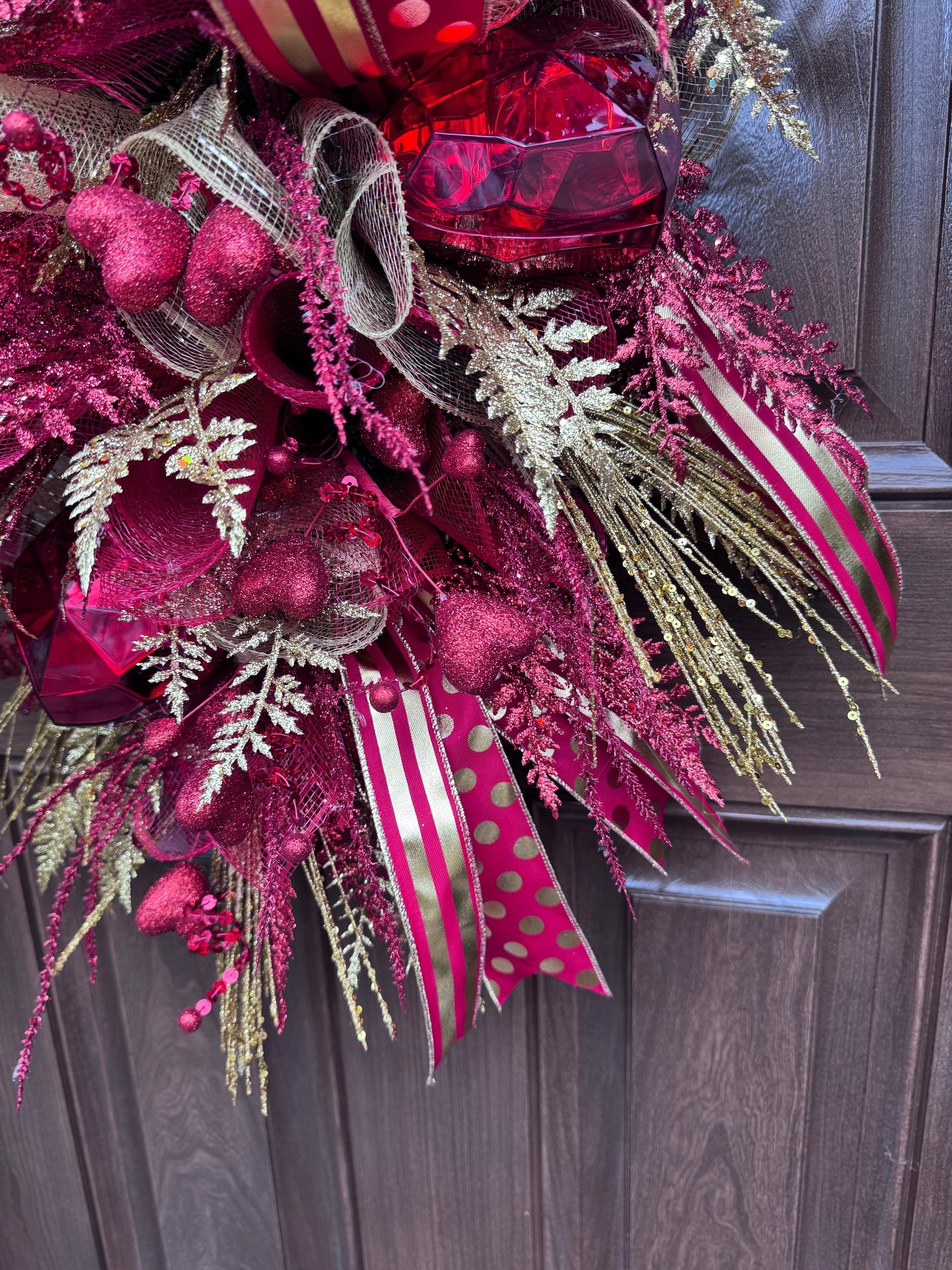 Red & Gold Valentine Door Swag | Elegant Heart Front Door Decor | Romantic Winter to Valentine Wreath Alternative