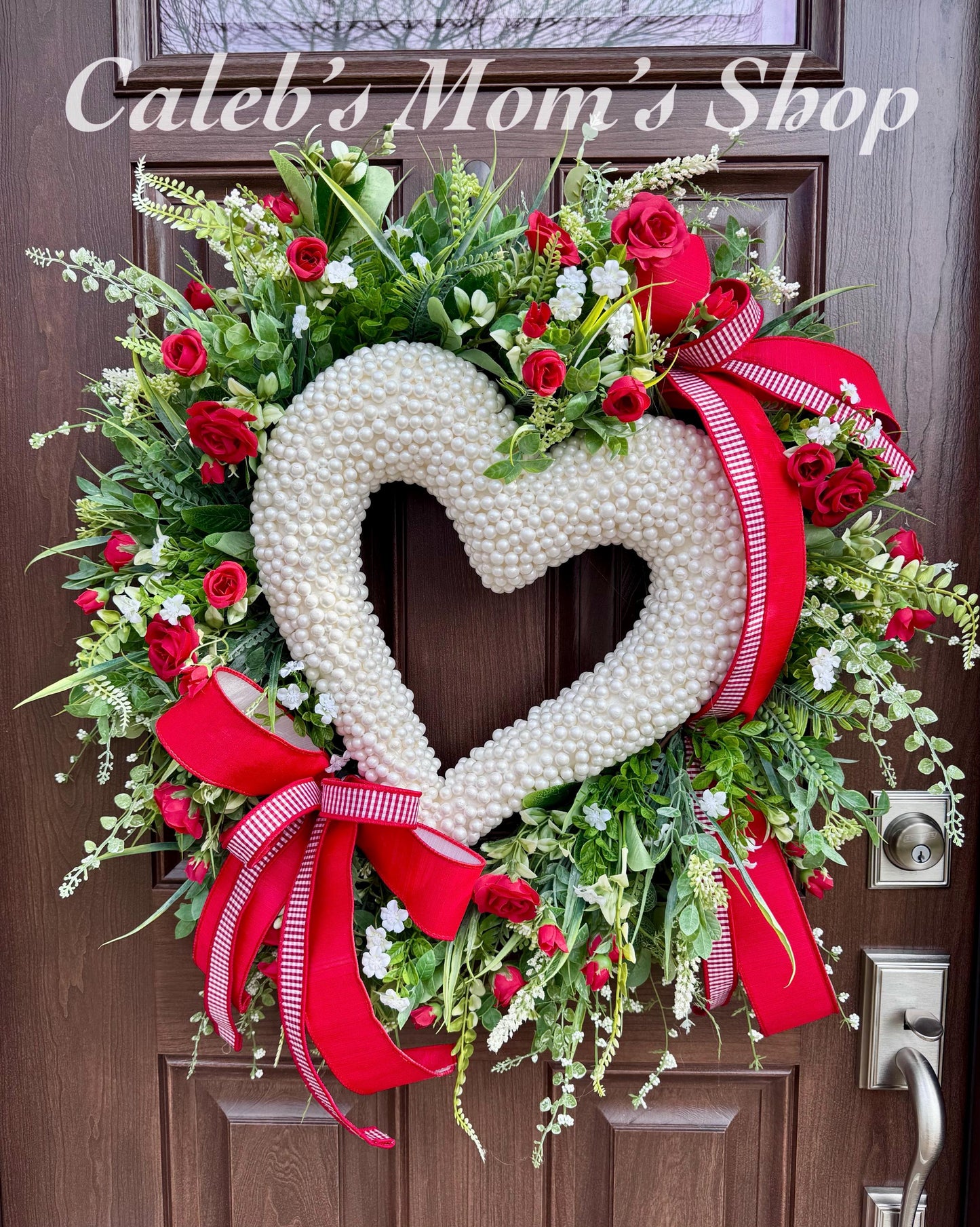 Heart Shaped Pearl Wreath with Red Roses, Spring Front Door Decor, Romantic Valentine Wreath, Floral Wreath for Wedding