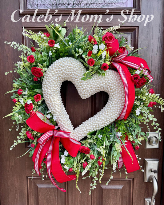 Heart Shaped Pearl Wreath with Red Roses, Spring Front Door Decor, Romantic Valentine Wreath, Floral Wreath for Wedding