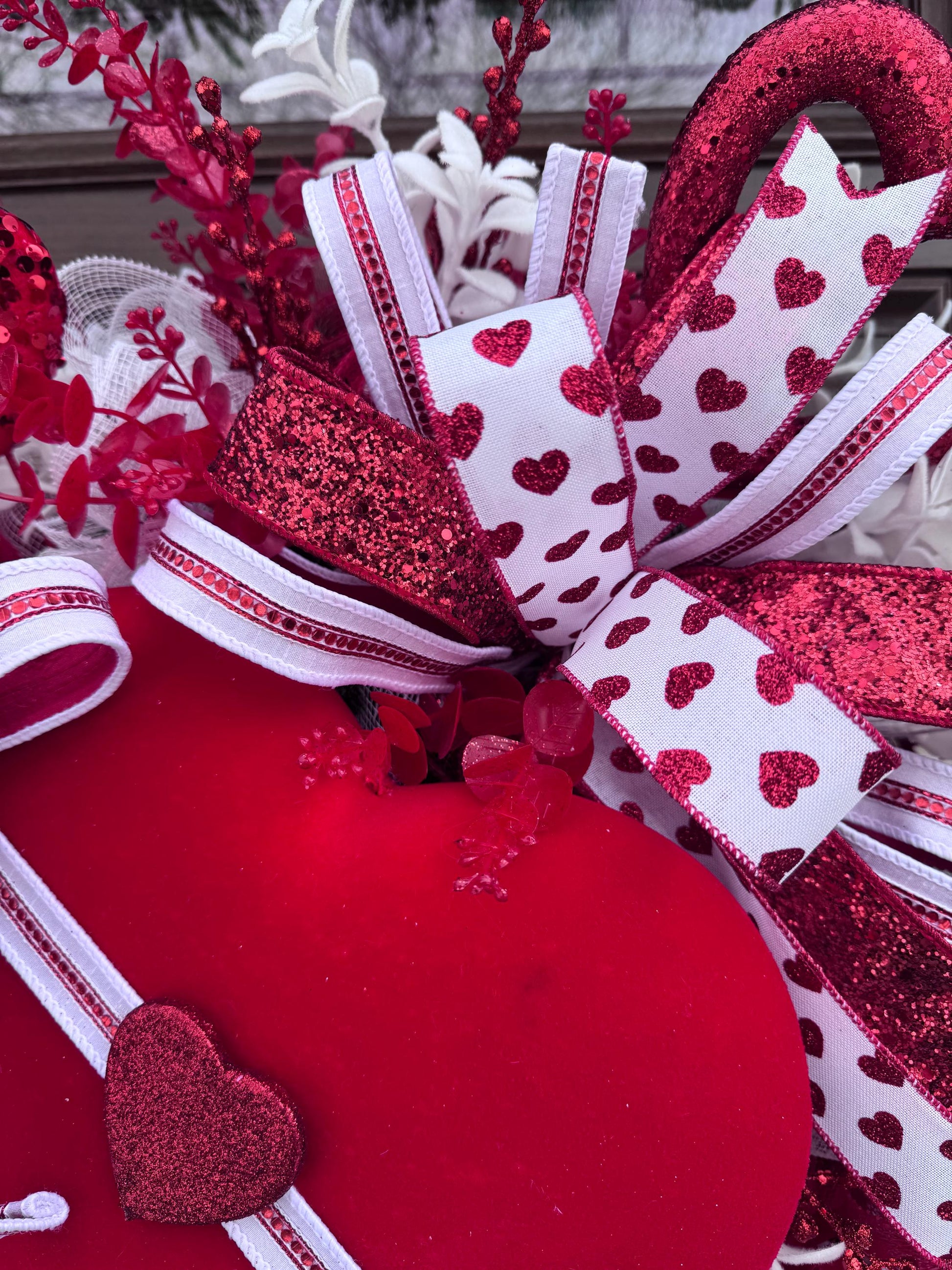 Valentine’s Day Heart Wreath, Red and White Front Door Decor, Love Theme Hanger, Romantic Handmade Gift Idea