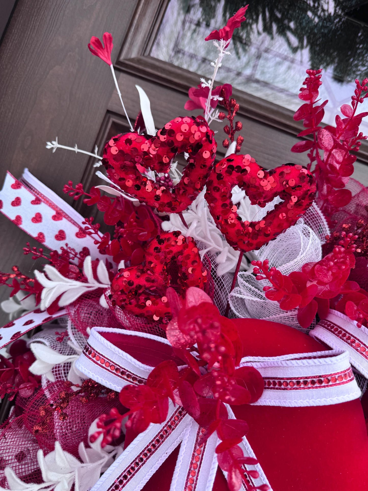 Valentine’s Day Heart Wreath, Red and White Front Door Decor, Love Theme Hanger, Romantic Handmade Gift Idea
