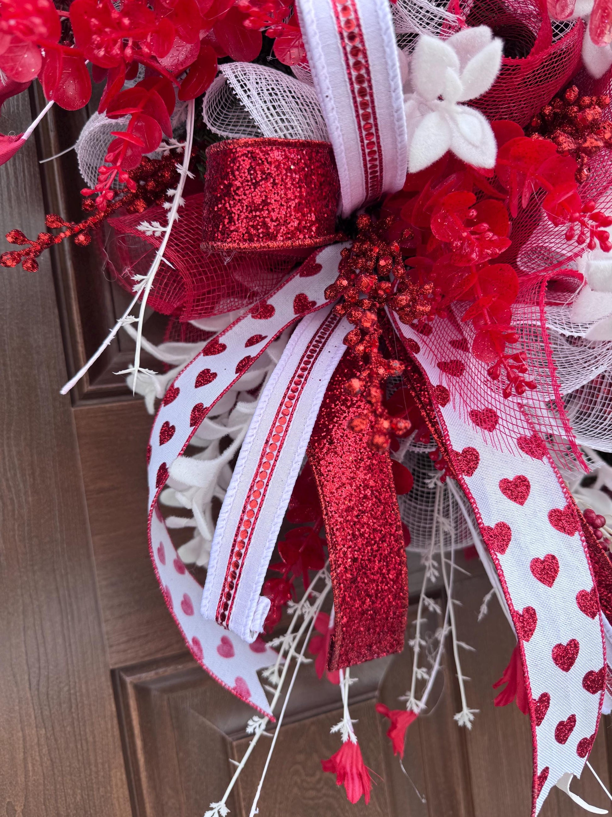 Valentine’s Day Heart Wreath, Red and White Front Door Decor, Love Theme Hanger, Romantic Handmade Gift Idea