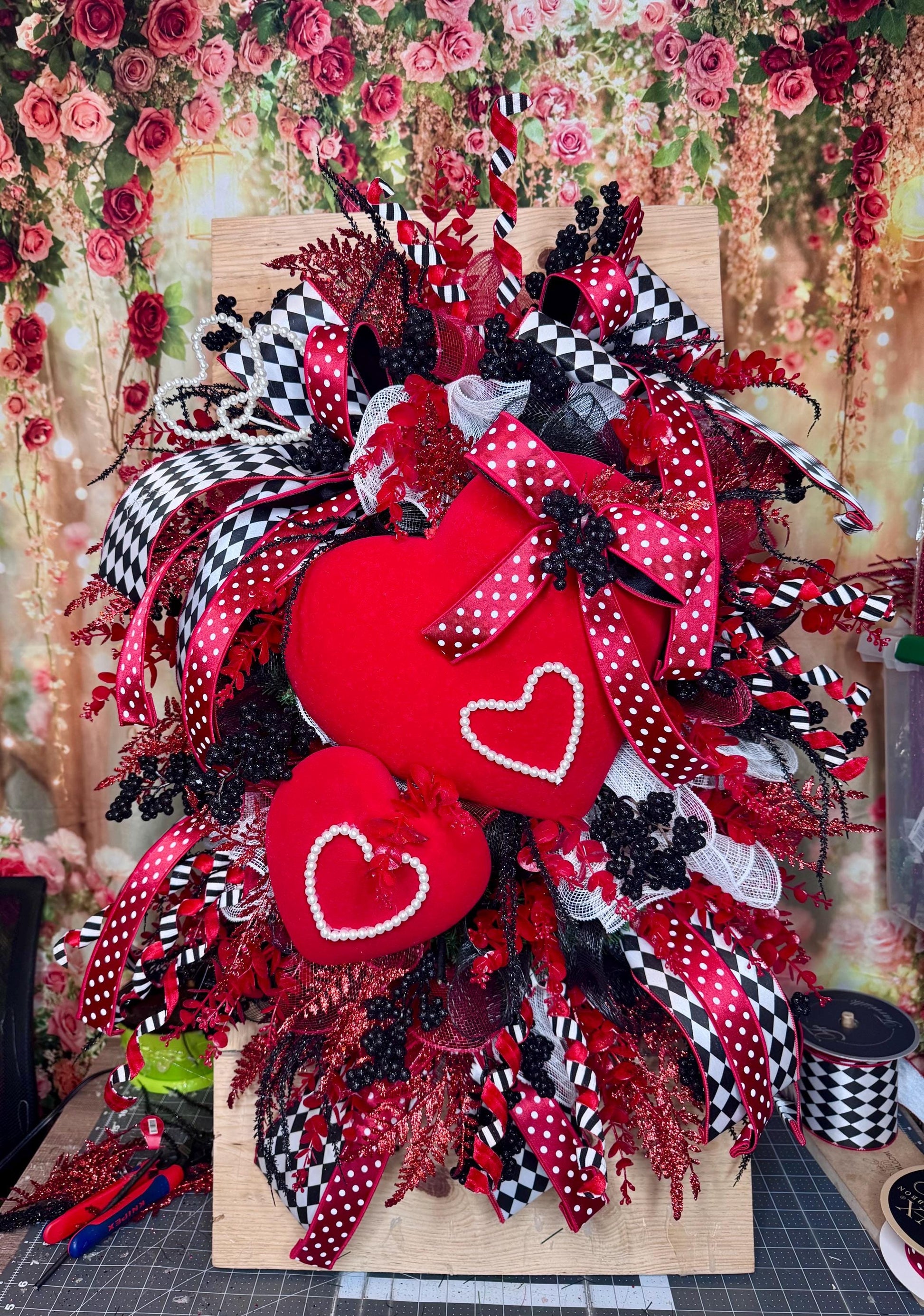 Valentine’s Day Wreath for Front Door, Red Heart Love Decor with Polka Dot Bows, Black and White Check Wreath, Romantic Gift