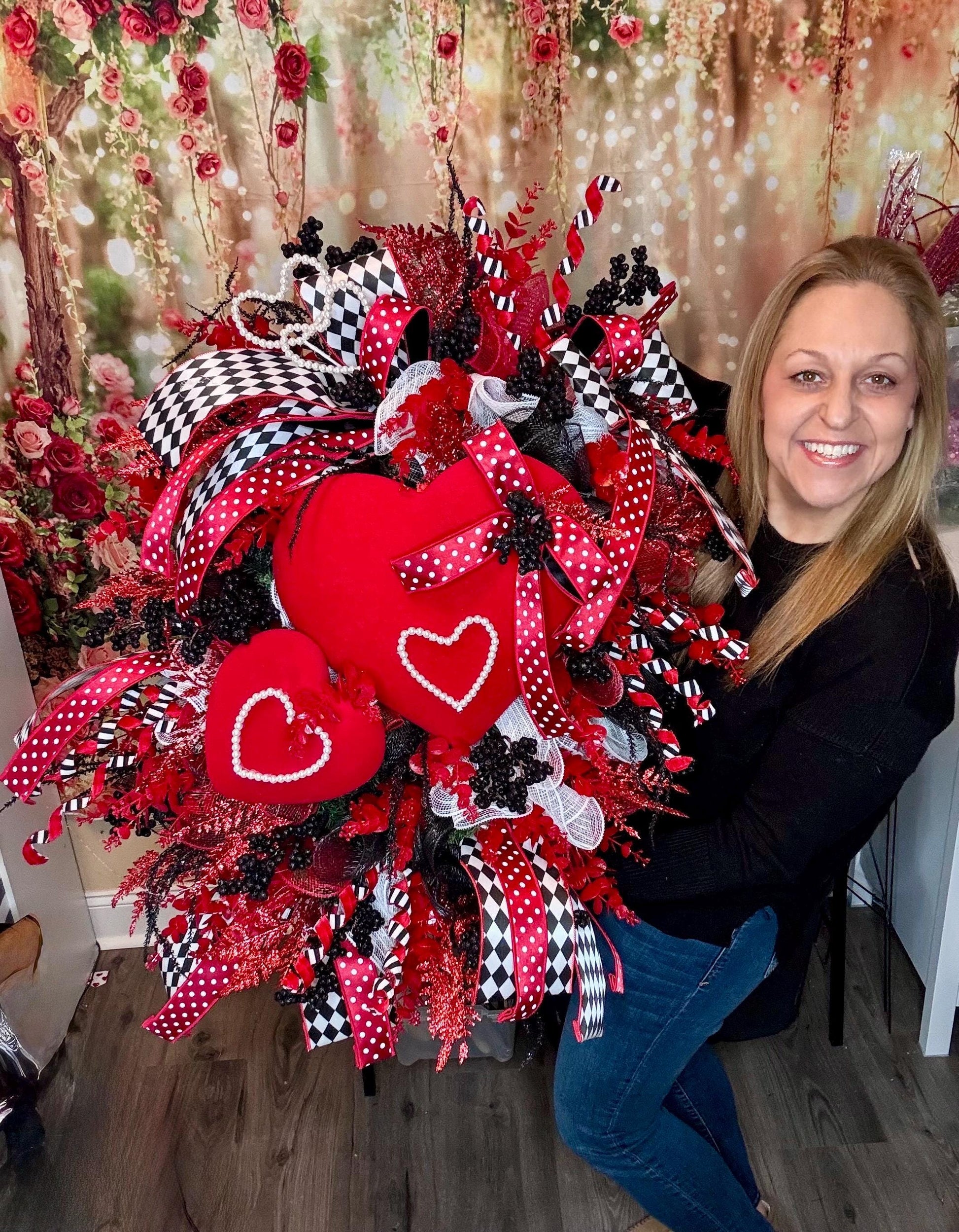 Valentine’s Day Wreath for Front Door, Red Heart Love Decor with Polka Dot Bows, Black and White Check Wreath, Romantic Gift