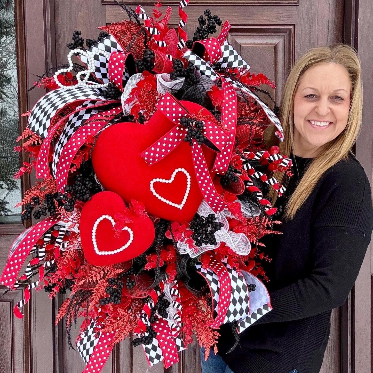 Valentine’s Day Wreath for Front Door, Red Heart Love Decor with Polka Dot Bows, Black and White Check Wreath, Romantic Gift