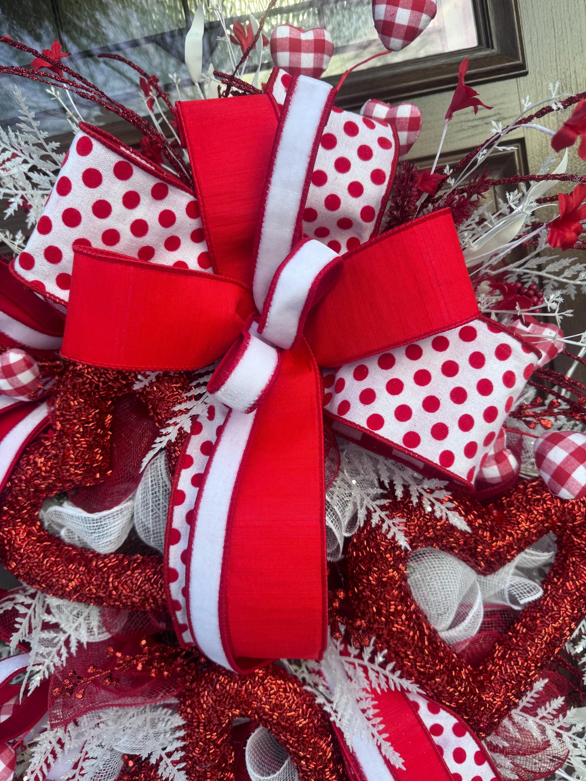 Valentine’s Day Heart Wreath, Red and White Front Door Decor, Love Theme Hanger, Romantic Handmade Gift Idea