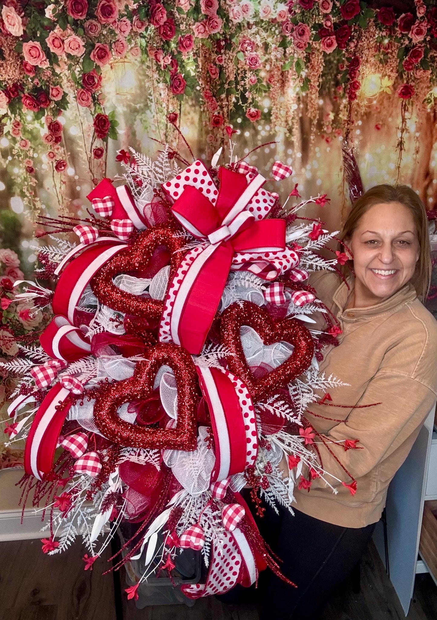 Valentine’s Day Heart Wreath, Red and White Front Door Decor, Love Theme Hanger, Romantic Handmade Gift Idea