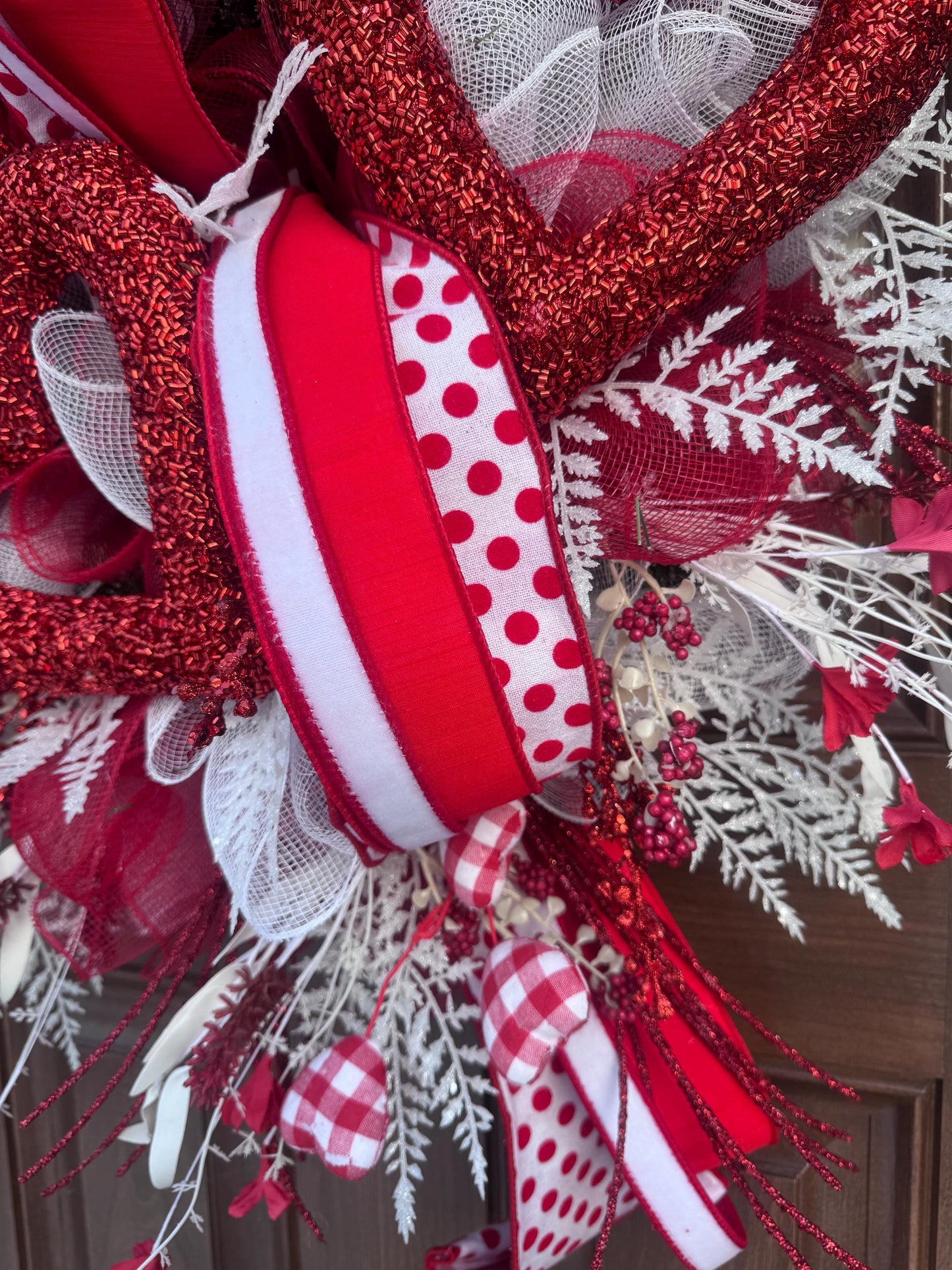 Valentine’s Day Heart Wreath, Red and White Front Door Decor, Love Theme Hanger, Romantic Handmade Gift Idea