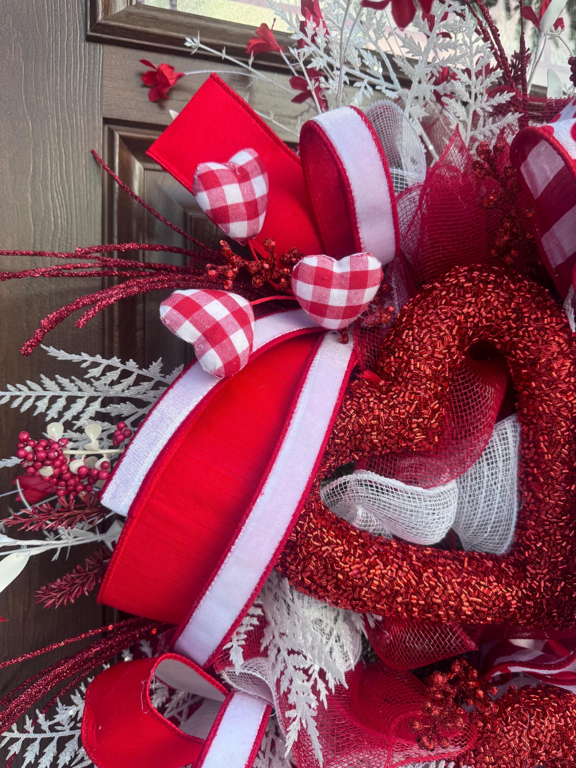 Valentine’s Day Heart Wreath, Red and White Front Door Decor, Love Theme Hanger, Romantic Handmade Gift Idea
