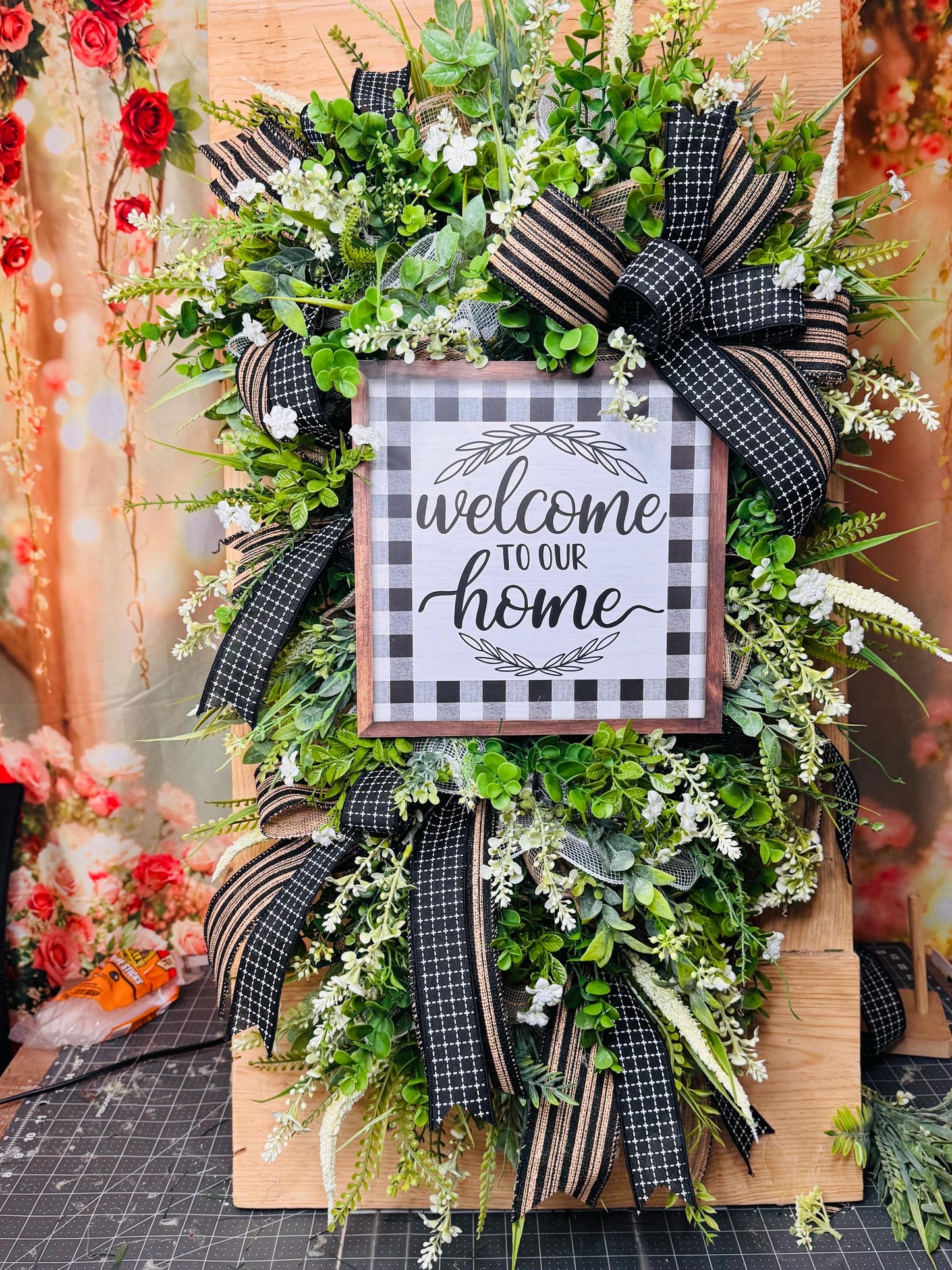 Welcome To Our Home Wreath, Everyday Front Door Decor, Farmhouse Greenery Hanger with Welcome Sign, Year Round Door Decoration
