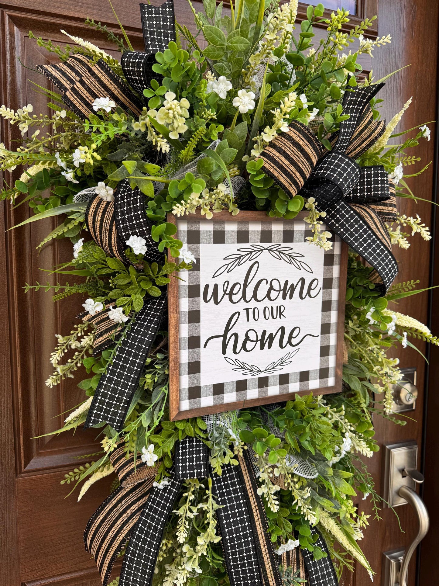 Welcome To Our Home Wreath, Everyday Front Door Decor, Farmhouse Greenery Hanger with Welcome Sign, Year Round Door Decoration