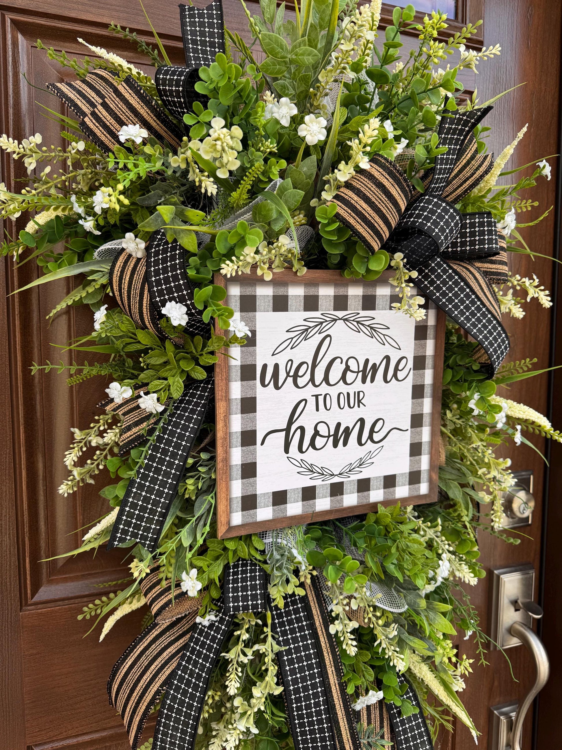 Welcome To Our Home Wreath, Everyday Front Door Decor, Farmhouse Greenery Hanger with Welcome Sign, Year Round Door Decoration