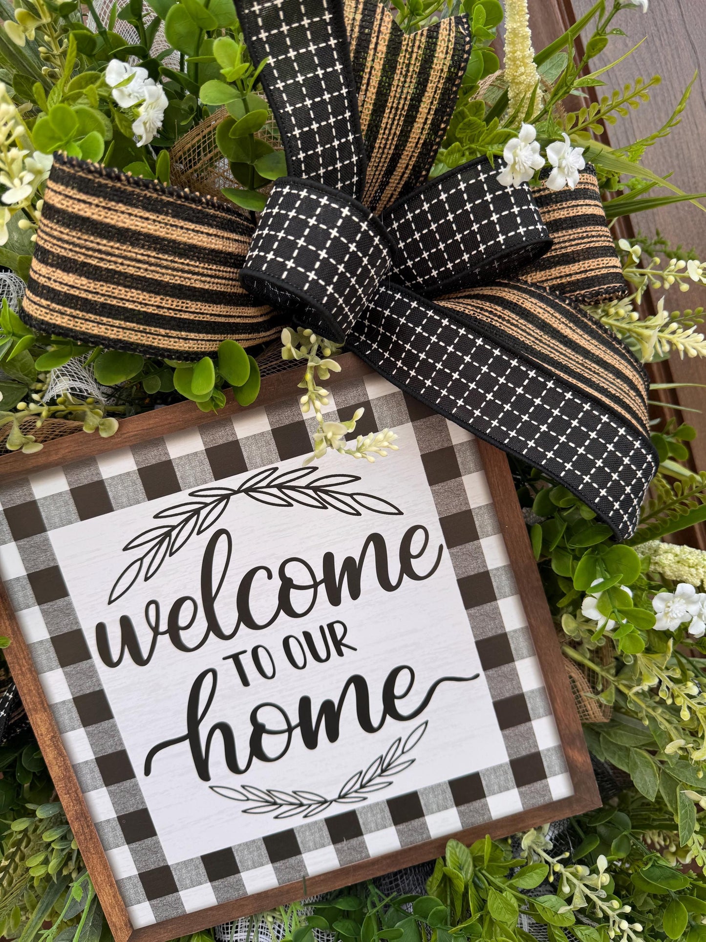Welcome To Our Home Wreath, Everyday Front Door Decor, Farmhouse Greenery Hanger with Welcome Sign, Year Round Door Decoration