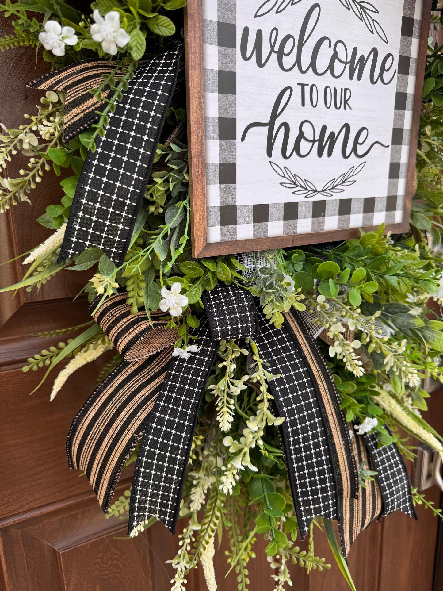 Welcome To Our Home Wreath, Everyday Front Door Decor, Farmhouse Greenery Hanger with Welcome Sign, Year Round Door Decoration