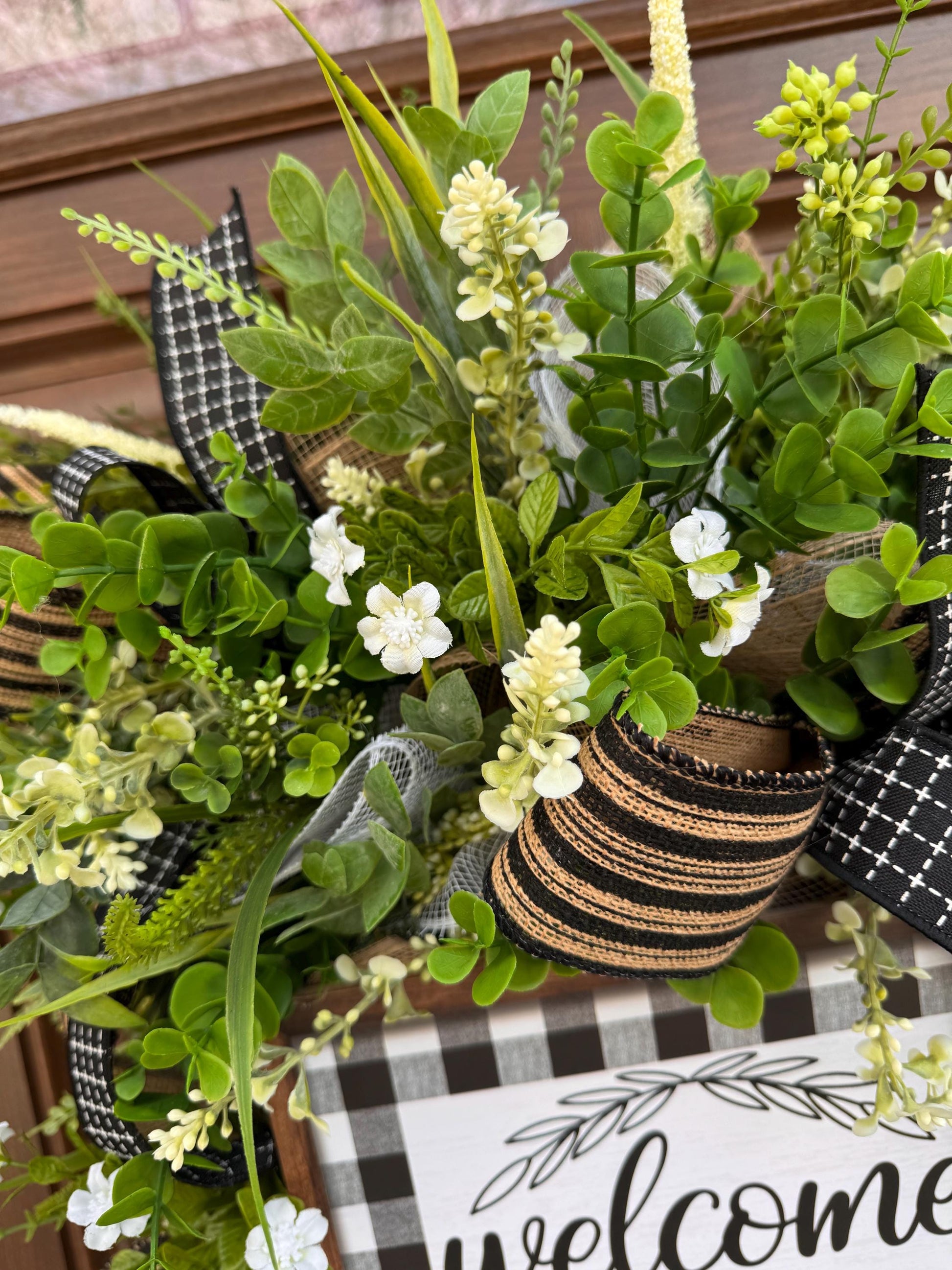 Welcome To Our Home Wreath, Everyday Front Door Decor, Farmhouse Greenery Hanger with Welcome Sign, Year Round Door Decoration