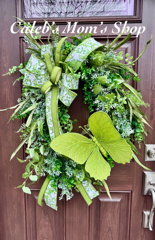 XL Chinoiserie Butterfly Grapevine Wreath, Green Spring Door Wreath, Everyday Door Hanger for Outdoor Porch, Gift for her Mom
