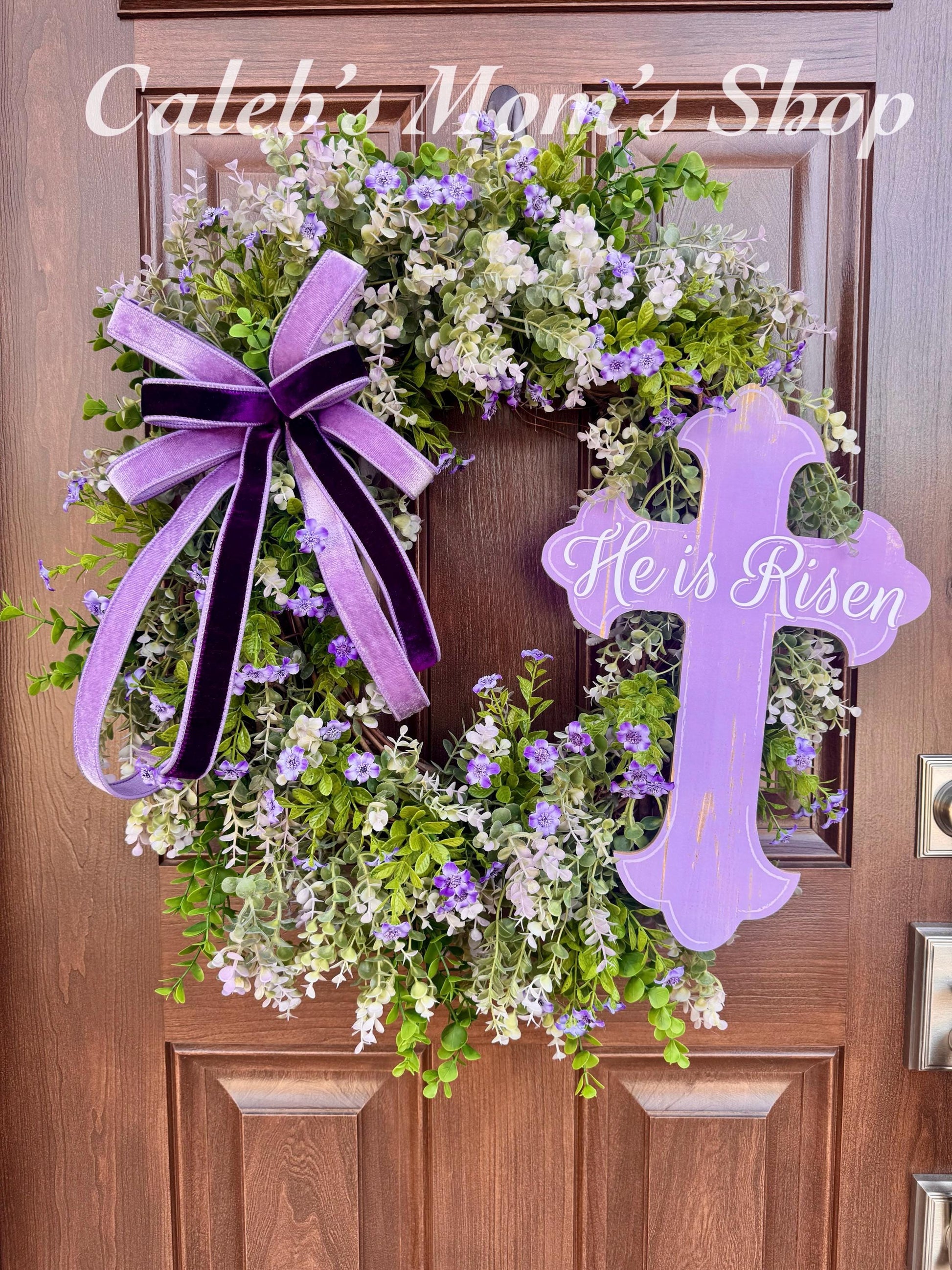 He Is Risen Easter Wreath, Purple Cross Spring Wreath, Christian Front Door Decor, Religious Hanger, Faith Based Spring Accent