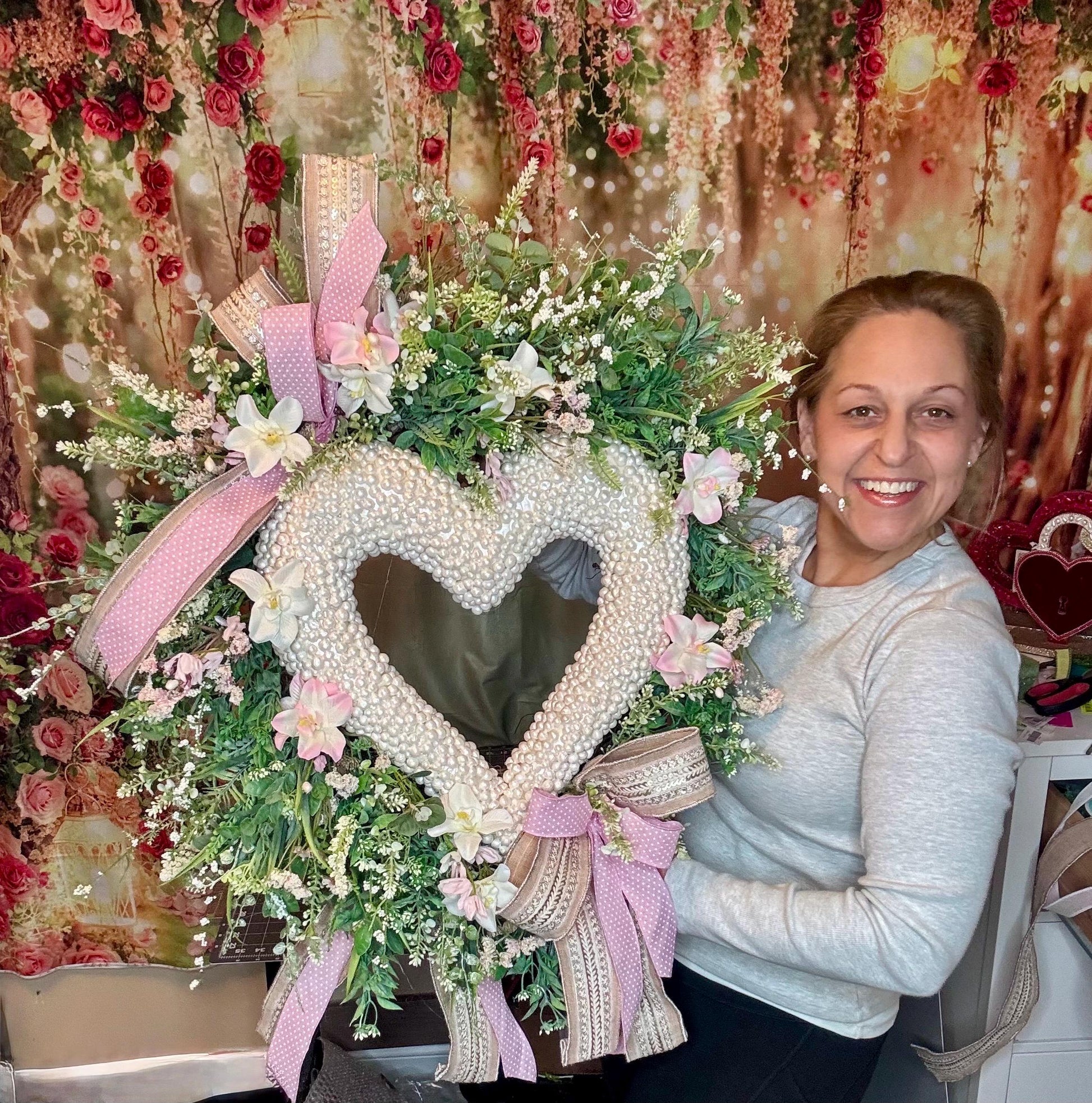 Heart Shaped Pearl Wreath with Pink Flowers, Spring Front Door Decor, Romantic Valentine Wreath, Blush Floral Wreath for Wedding