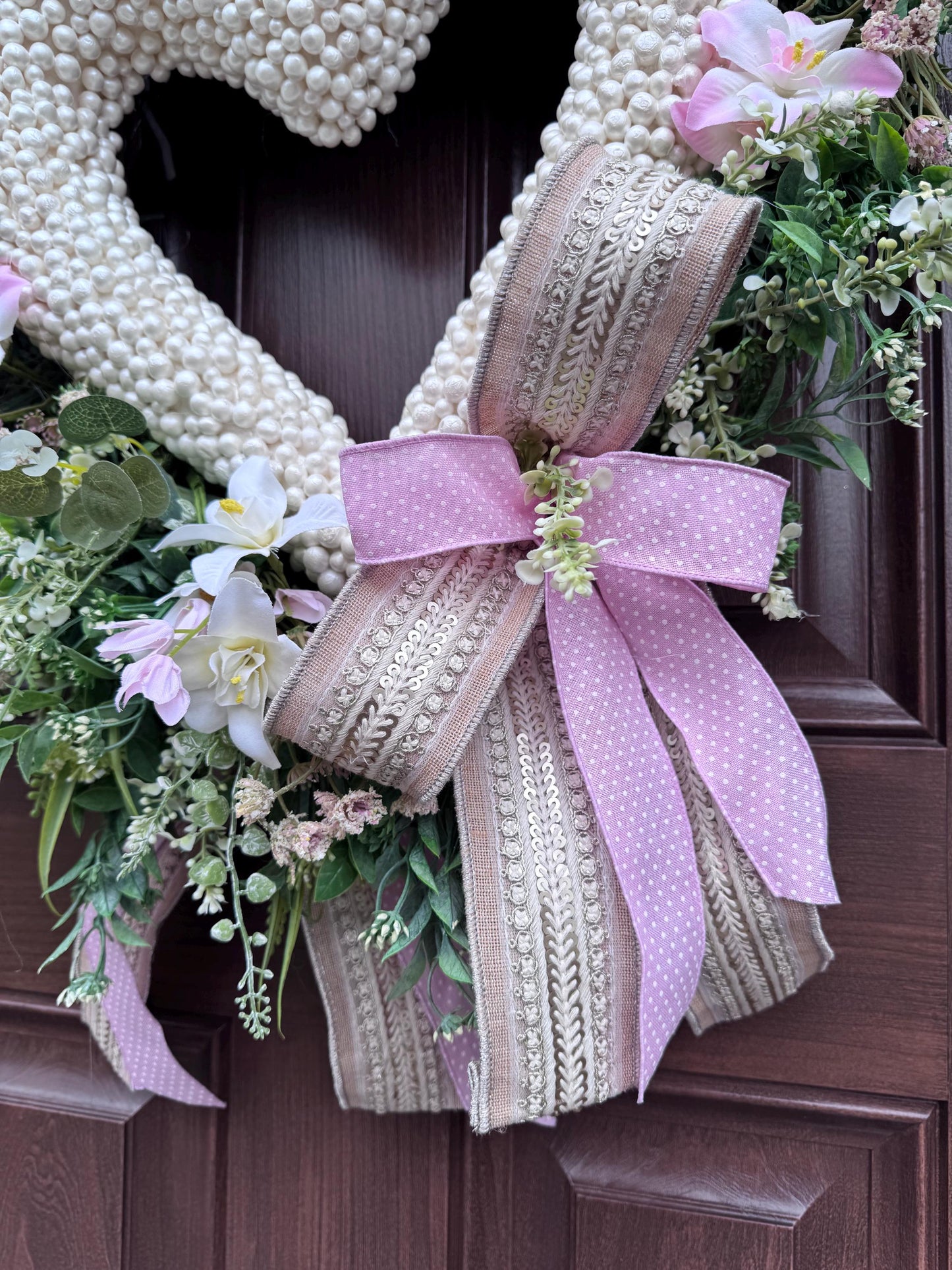 Heart Shaped Pearl Wreath with Pink Flowers, Spring Front Door Decor, Romantic Valentine Wreath, Blush Floral Wreath for Wedding