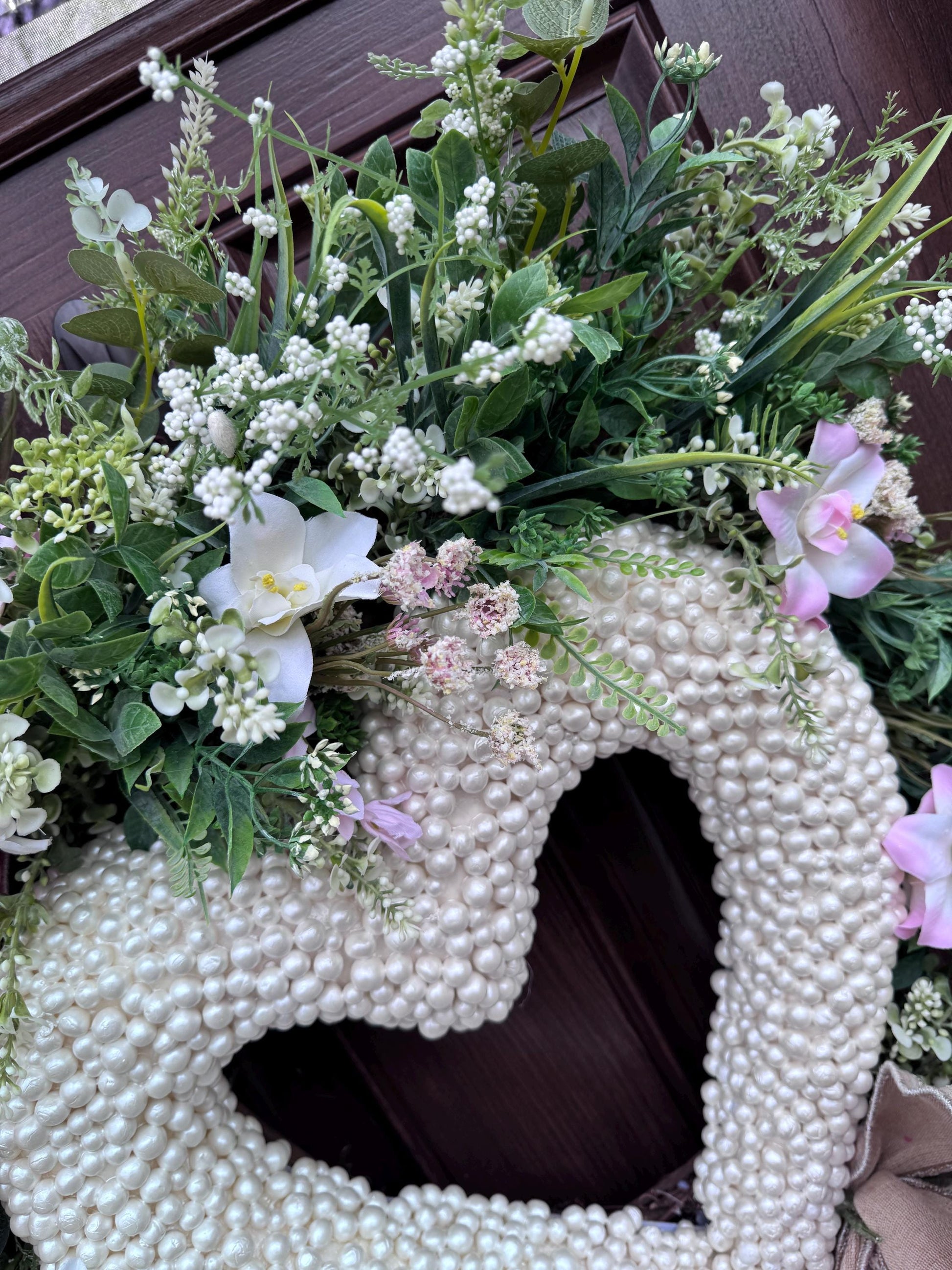 Heart Shaped Pearl Wreath with Pink Flowers, Spring Front Door Decor, Romantic Valentine Wreath, Blush Floral Wreath for Wedding