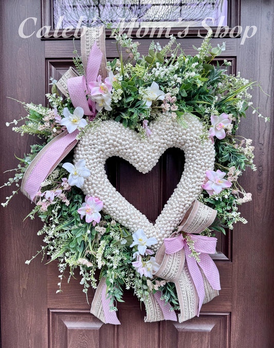 Heart Shaped Pearl Wreath with Pink Flowers, Spring Front Door Decor, Romantic Valentine Wreath, Blush Floral Wreath for Wedding