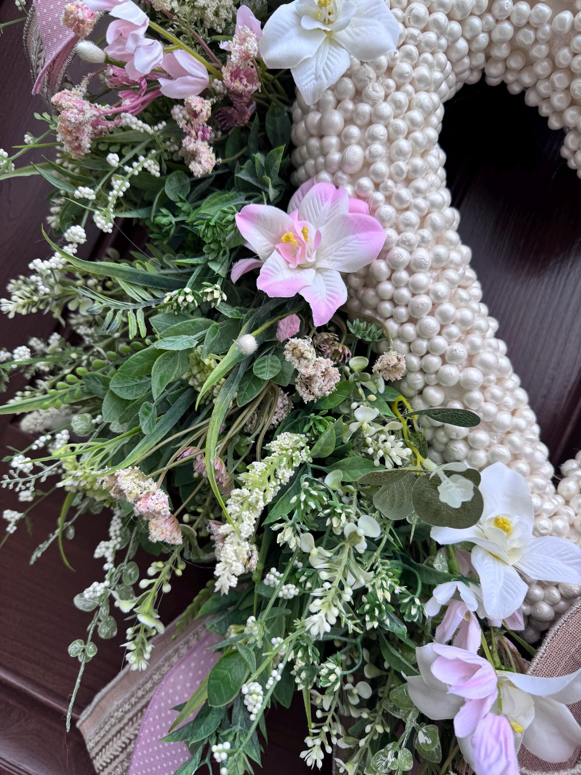 Heart Shaped Pearl Wreath with Pink Flowers, Spring Front Door Decor, Romantic Valentine Wreath, Blush Floral Wreath for Wedding