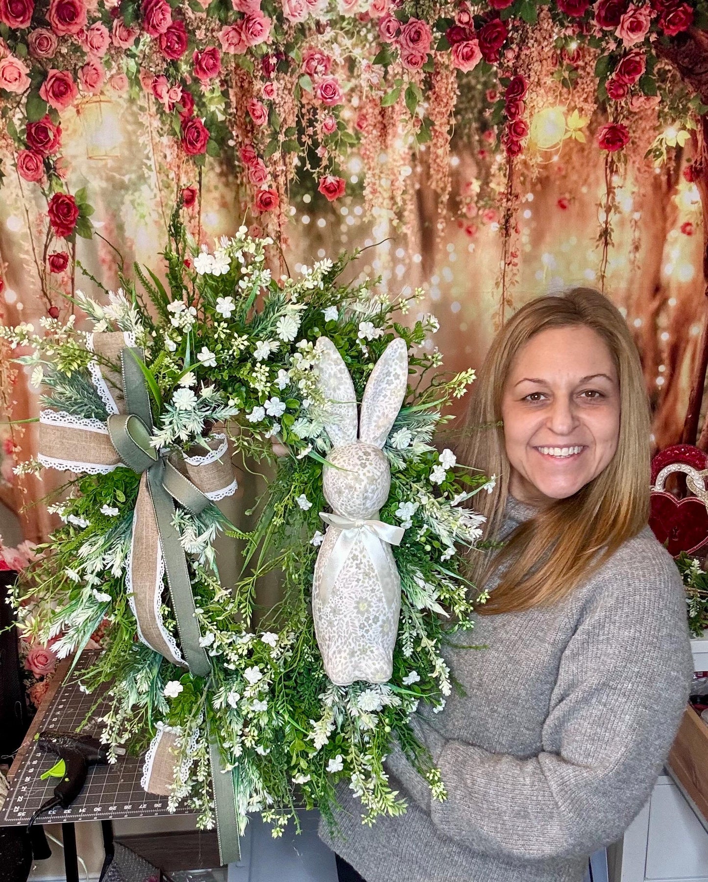 Handmade Easter Bunny Wreath – Spring Front Door Decor, Floral Grapevine Wreath, Rustic Farmhouse Wreath