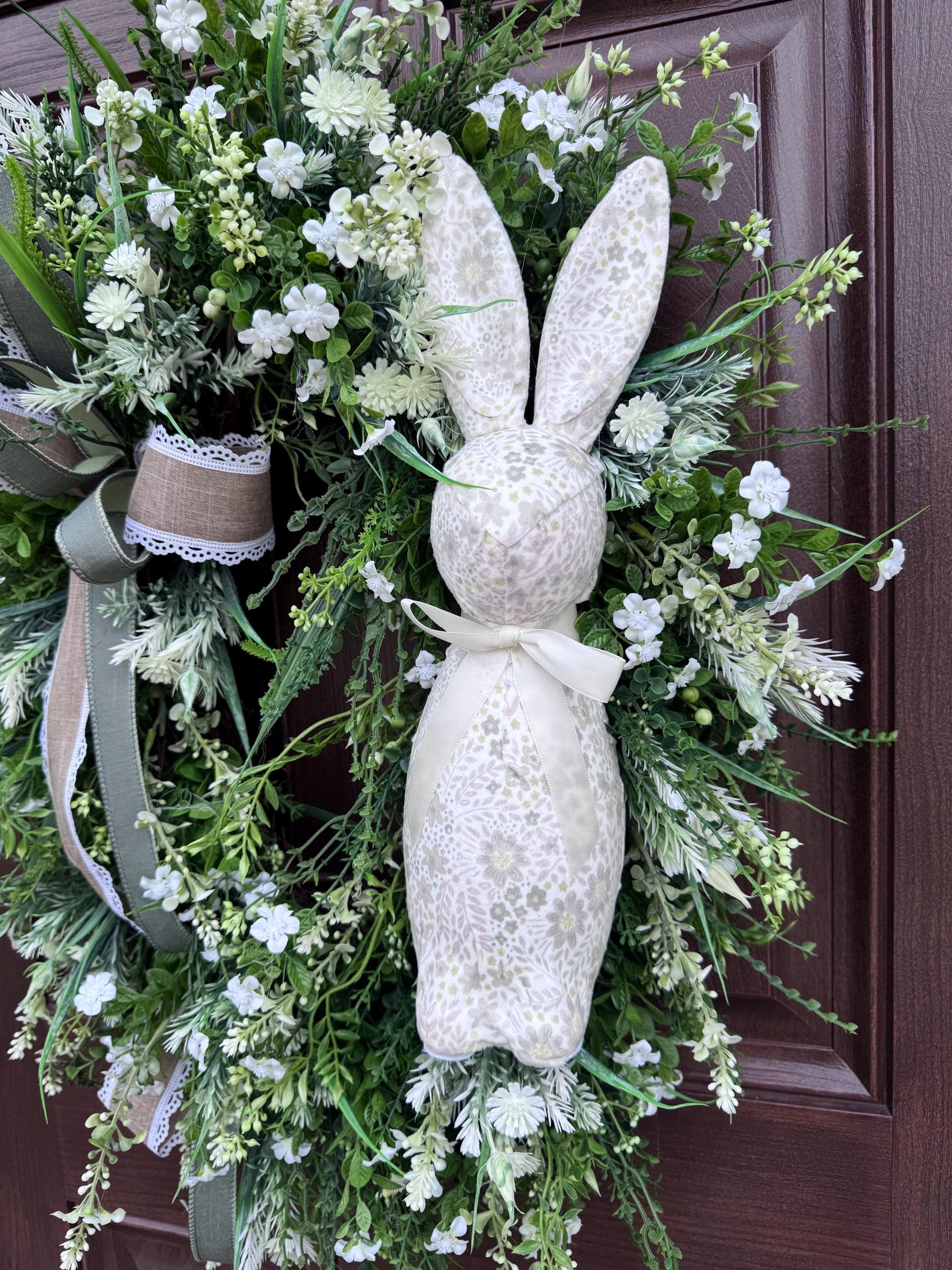 Handmade Easter Bunny Wreath – Spring Front Door Decor, Floral Grapevine Wreath, Rustic Farmhouse Wreath