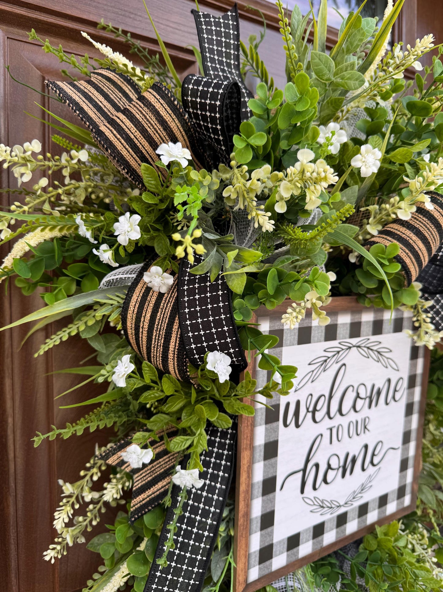 Welcome To Our Home Wreath, Everyday Front Door Decor, Farmhouse Greenery Hanger with Welcome Sign, Year Round Door Decoration