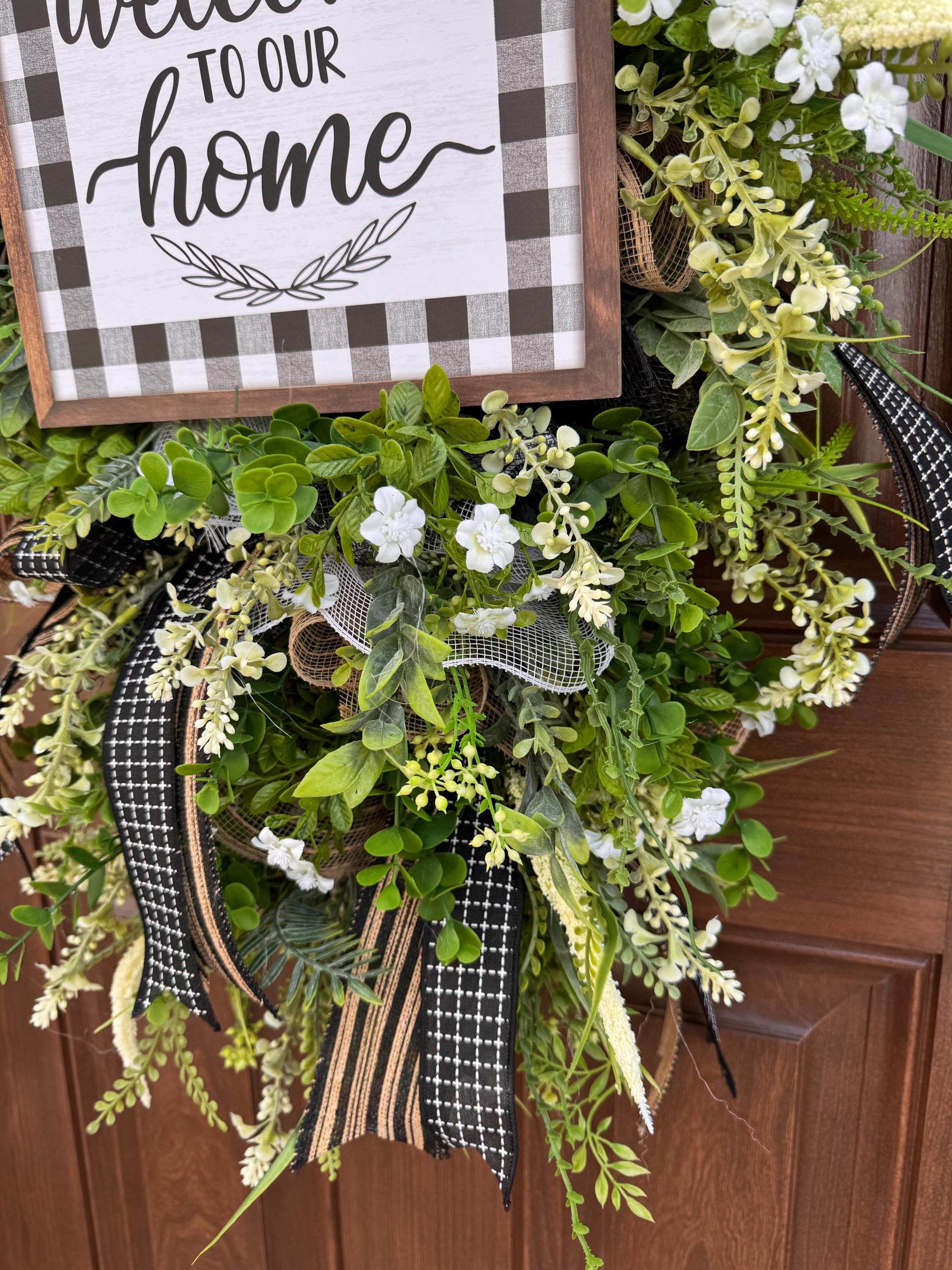 Welcome To Our Home Wreath, Everyday Front Door Decor, Farmhouse Greenery Hanger with Welcome Sign, Year Round Door Decoration