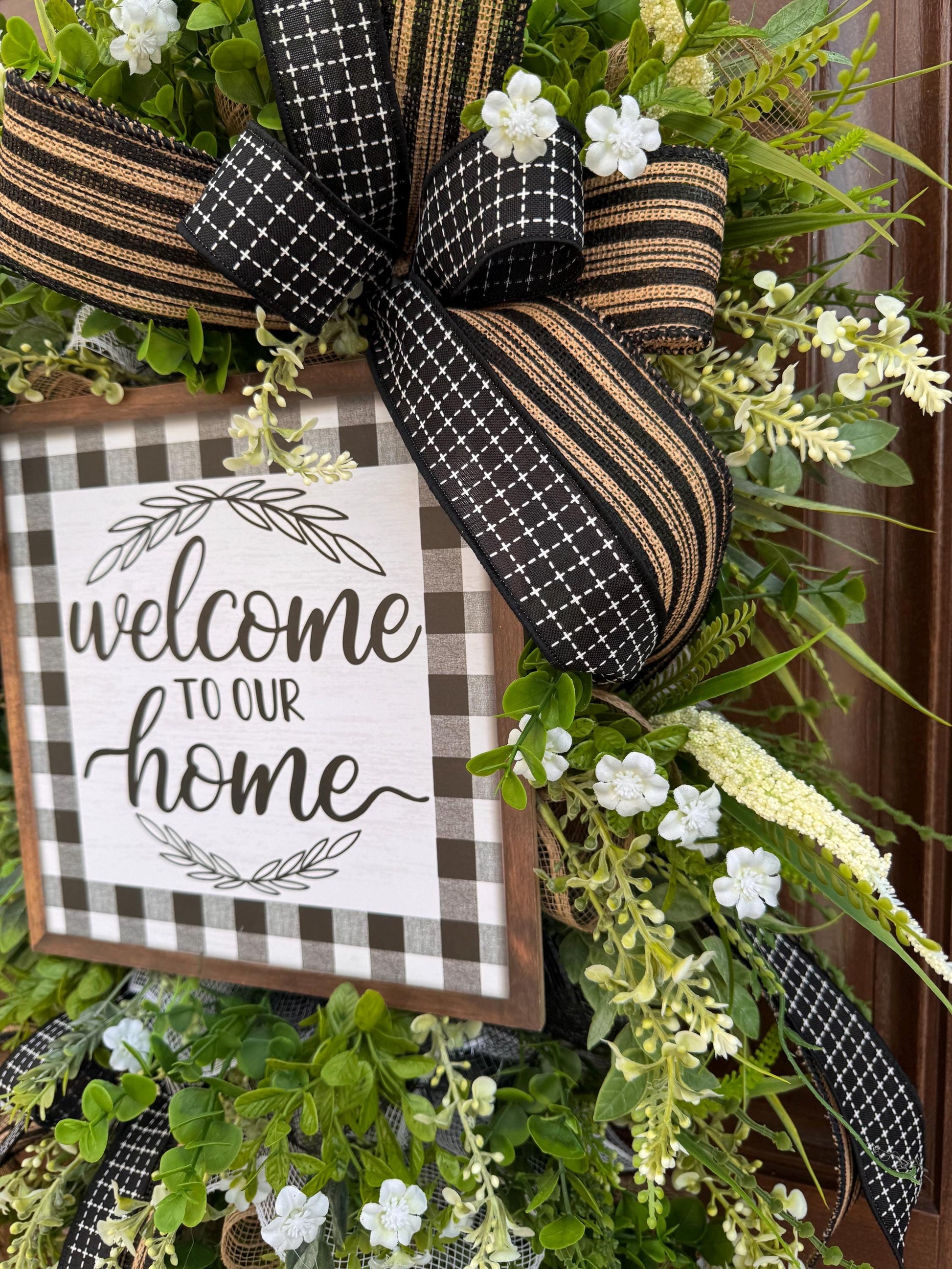 Welcome To Our Home Wreath, Everyday Front Door Decor, Farmhouse Greenery Hanger with Welcome Sign, Year Round Door Decoration