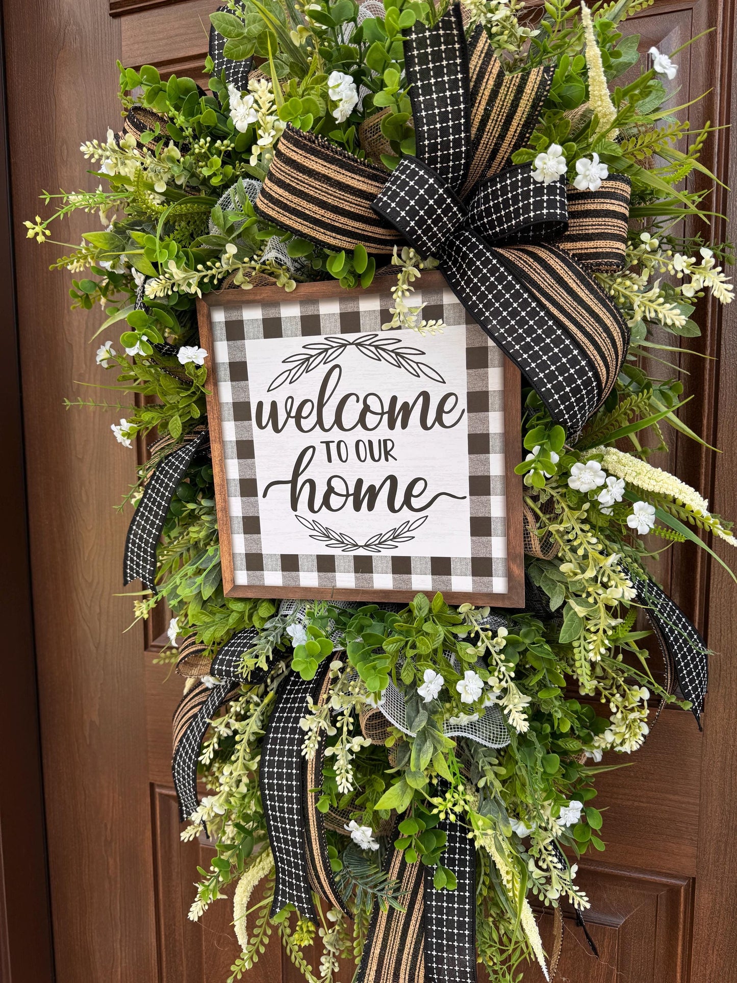 Welcome To Our Home Wreath, Everyday Front Door Decor, Farmhouse Greenery Hanger with Welcome Sign, Year Round Door Decoration
