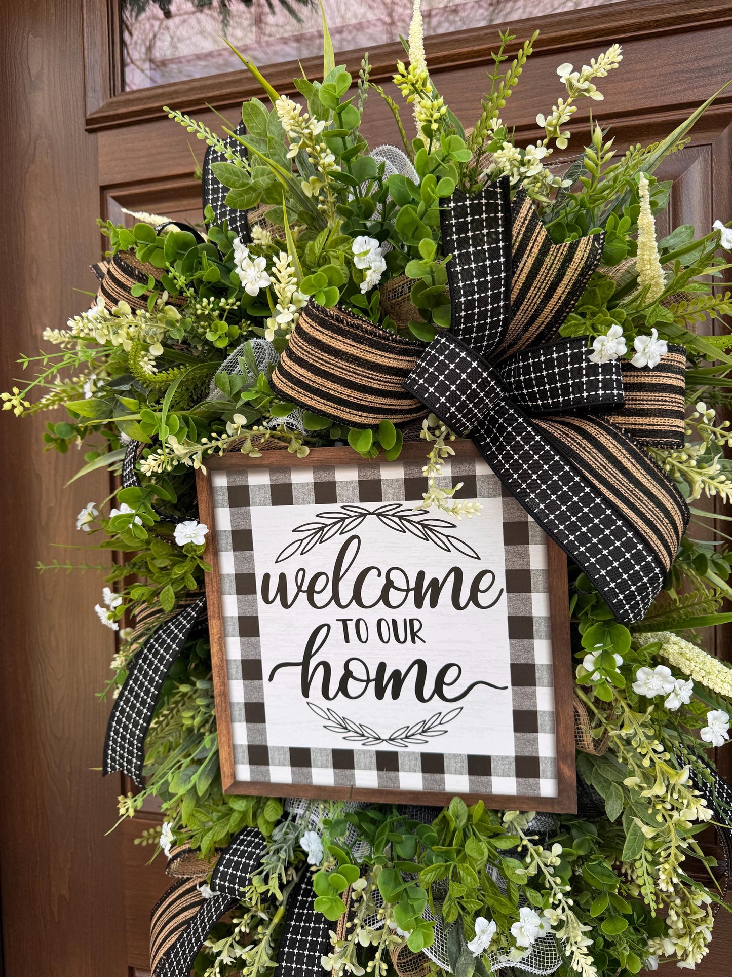 Welcome To Our Home Wreath, Everyday Front Door Decor, Farmhouse Greenery Hanger with Welcome Sign, Year Round Door Decoration