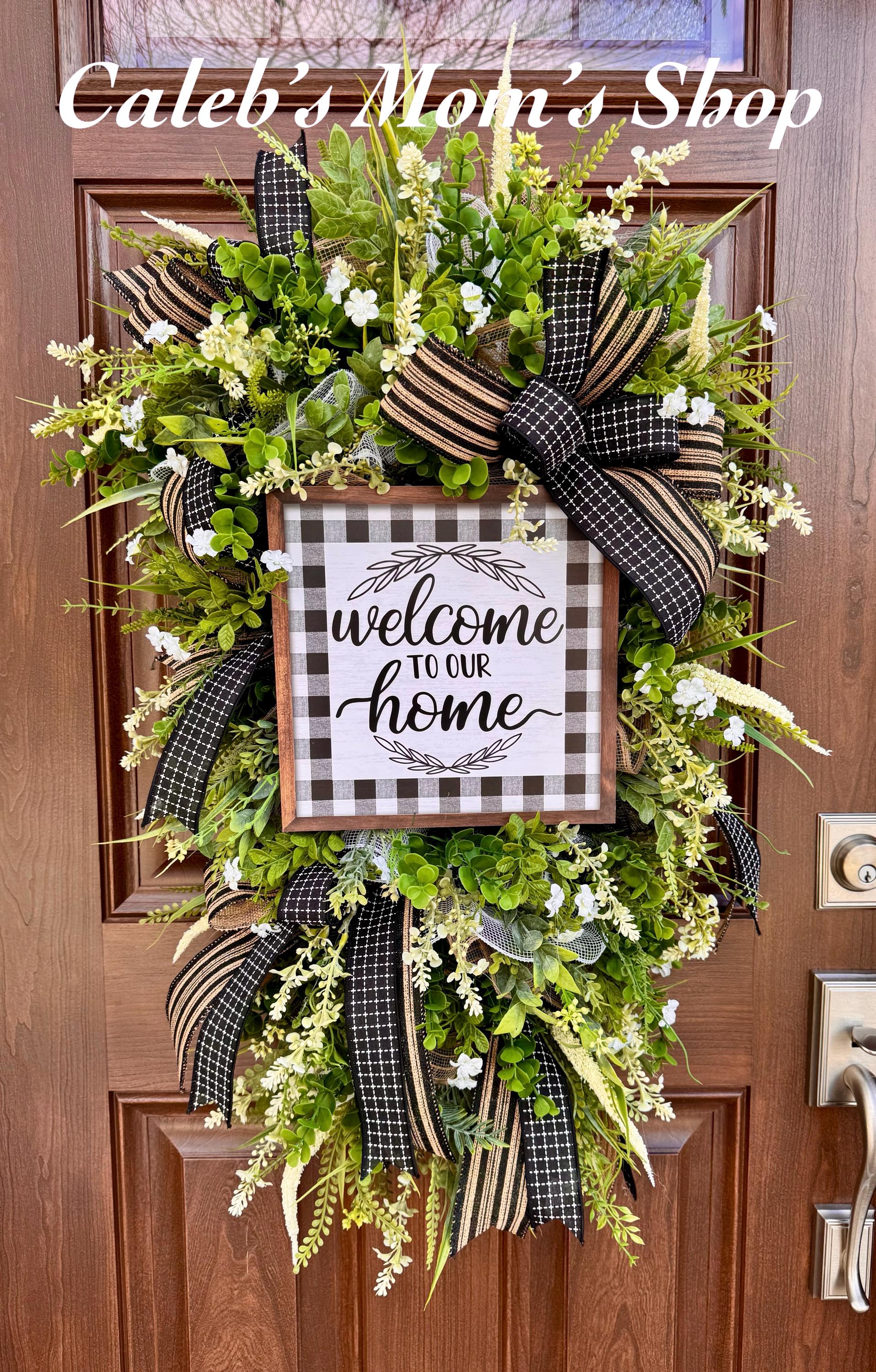Welcome To Our Home Wreath, Everyday Front Door Decor, Farmhouse Greenery Hanger with Welcome Sign, Year Round Door Decoration