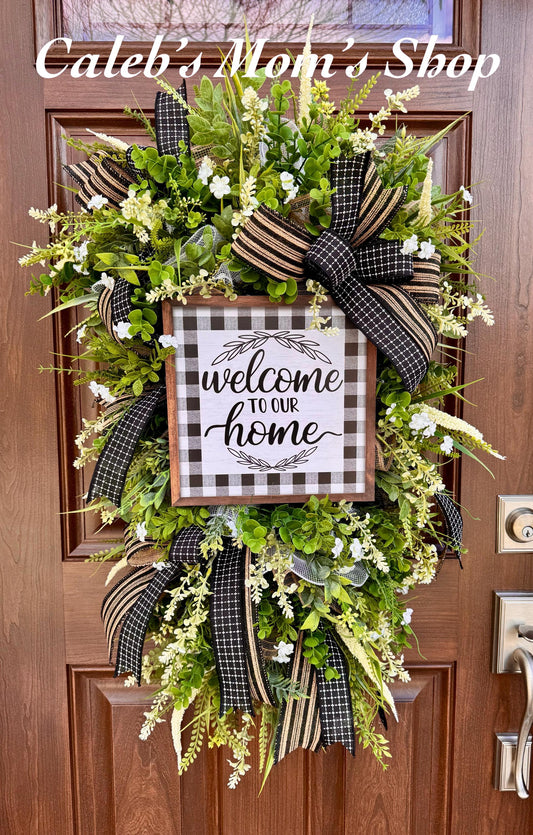 Welcome To Our Home Wreath, Everyday Front Door Decor, Farmhouse Greenery Hanger with Welcome Sign, Year Round Door Decoration