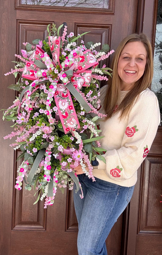 Pink Spring Wreath for Front Door, Large Floral Easter Wreath with Ribbon Bow, Garden Welcome Wreath, Mother’s Day Gift