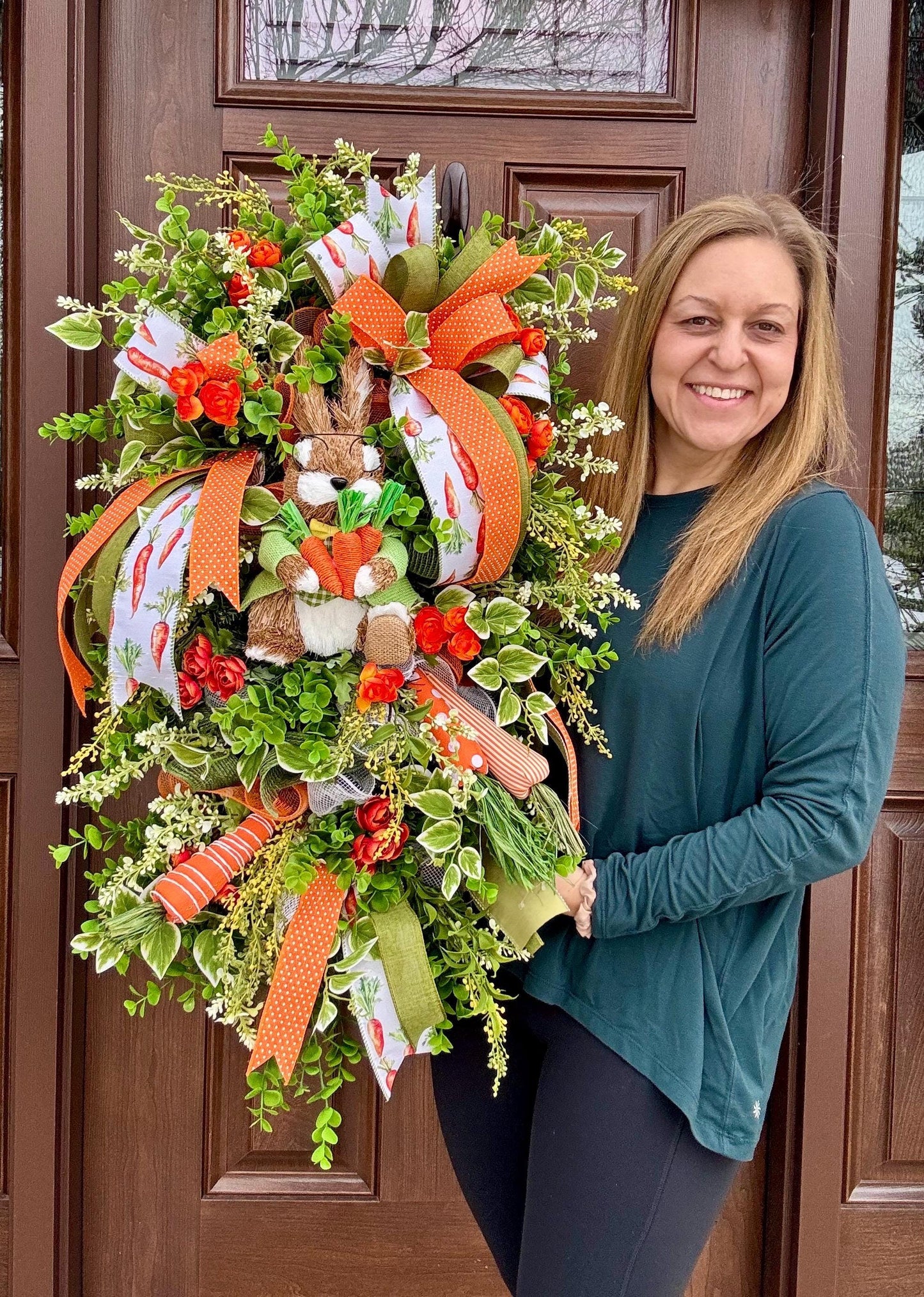 Whimsical Bunny Carrot Spring Wreath, Easter Front Door Decor, Handmade Spring Wreath with Bunny, Greenery & Carrot Ribbon